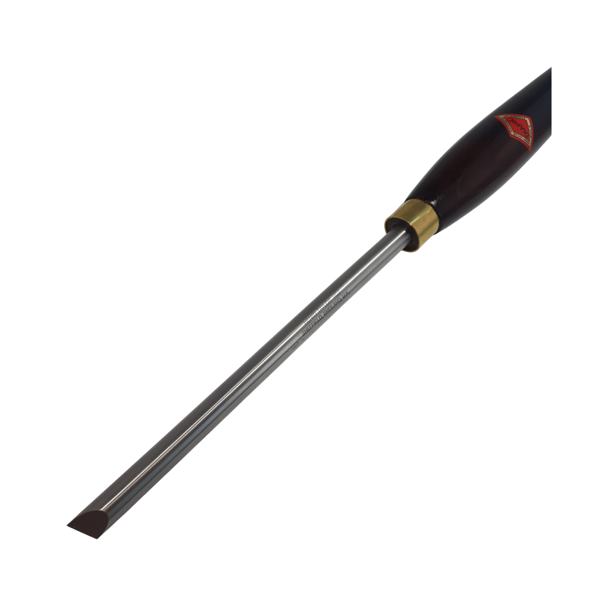 close up of woodturning round skew chisel with high speed steel blade and wooden handle on a white background