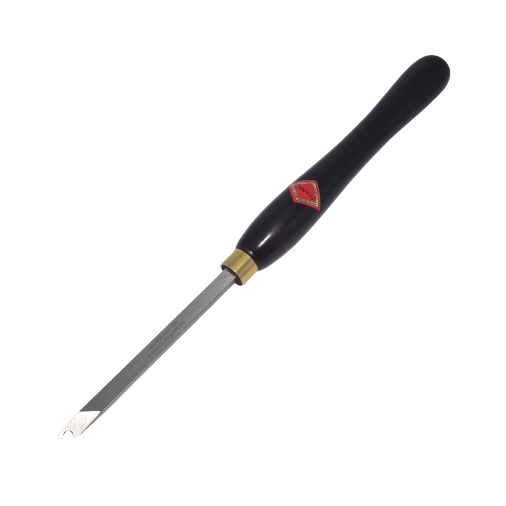 woodturning captive ring tool with high speed steel blade and wooden handle on a white background