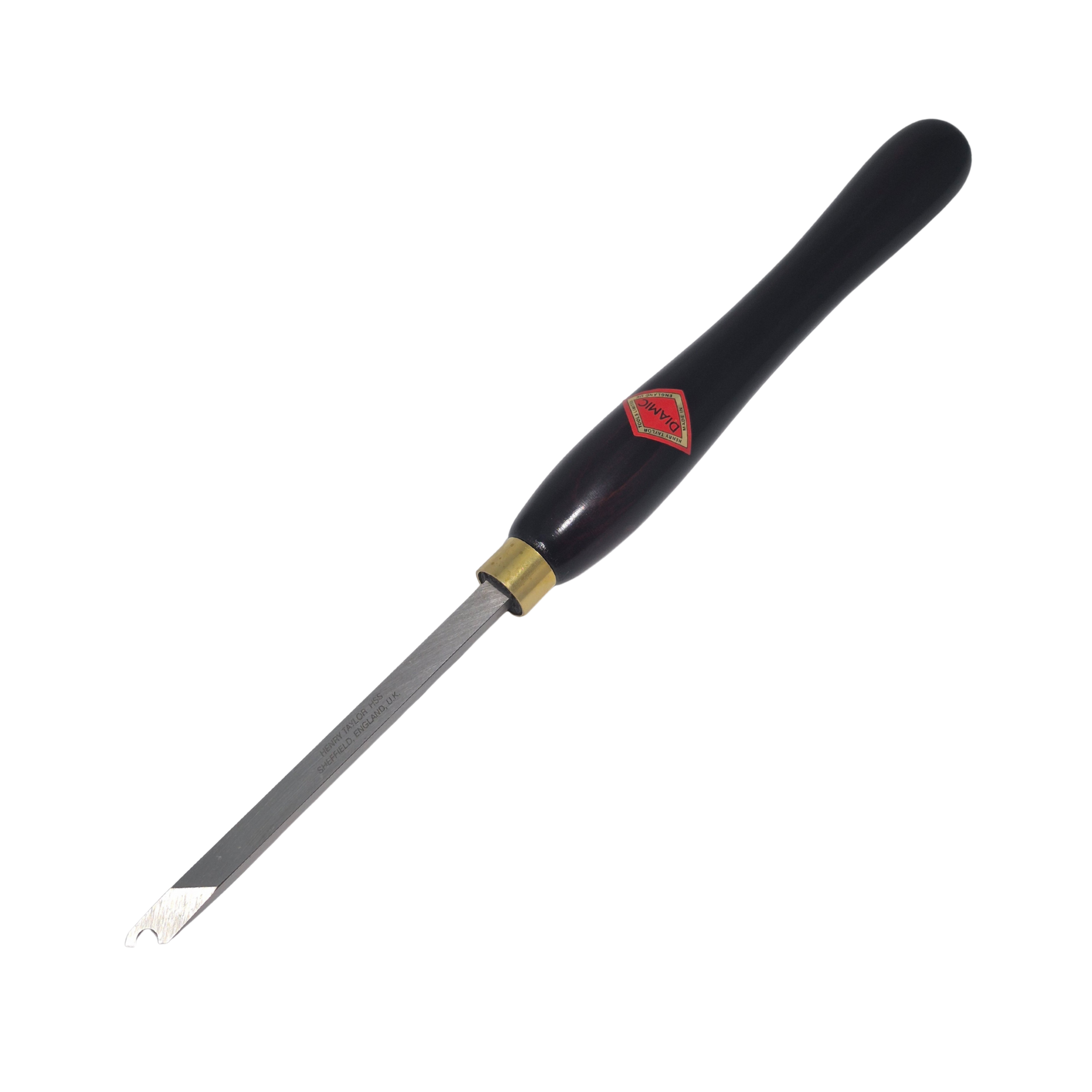 woodturning captive ring tool with high speed steel blade and wooden handle on a white background