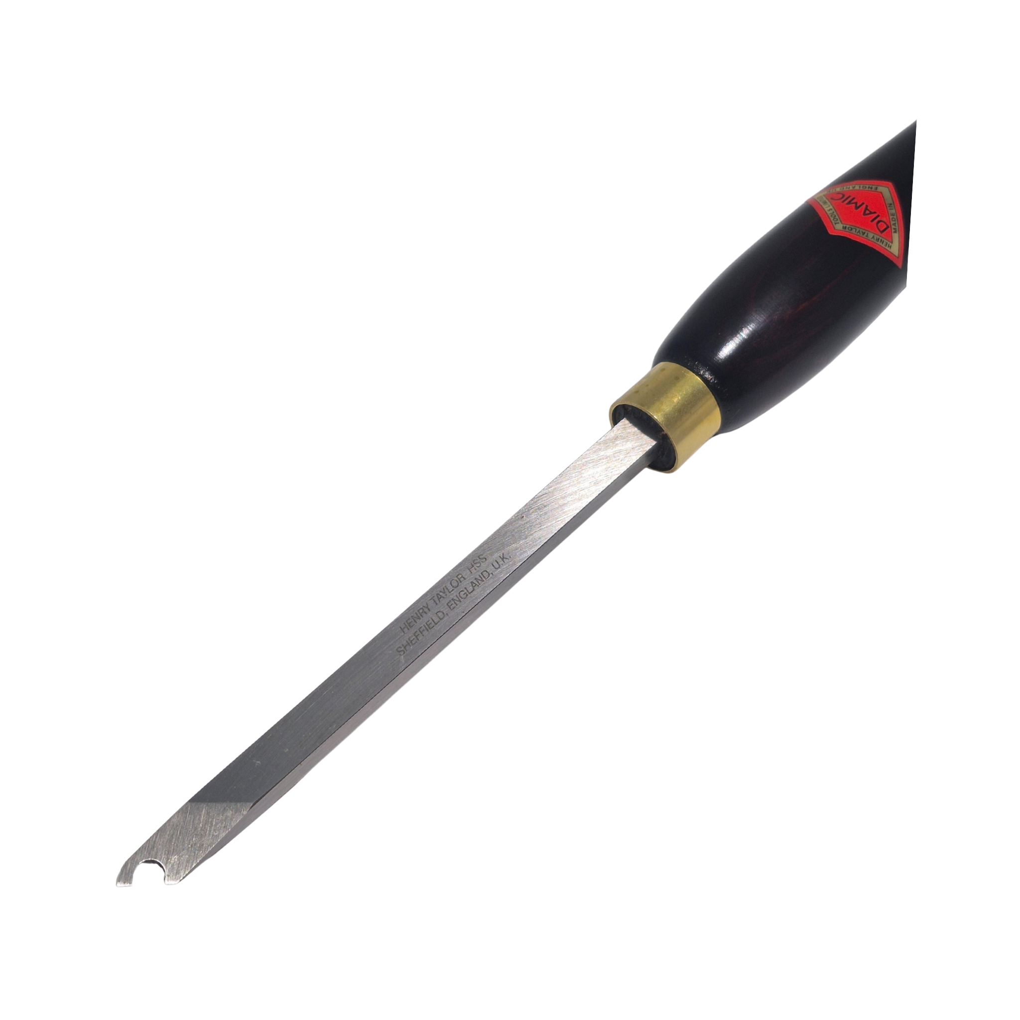 close up of woodturning captive ring tool with high speed steel blade and wooden handle on a white background