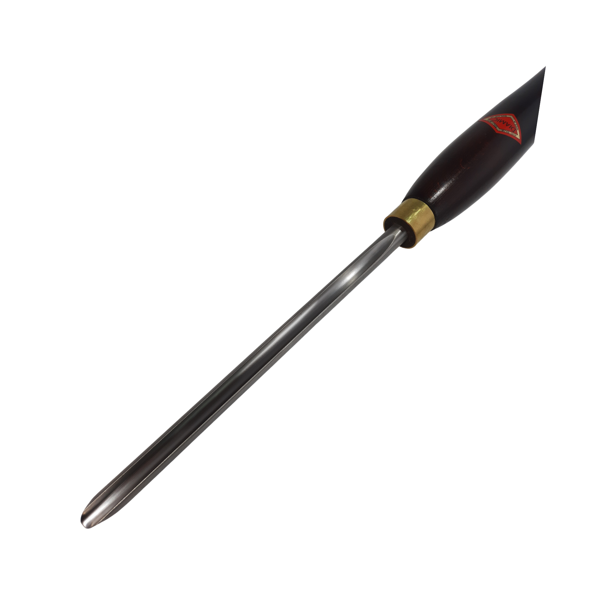 close up of woodturning detail gouge with high speed steel blade and wooden handle on a white background