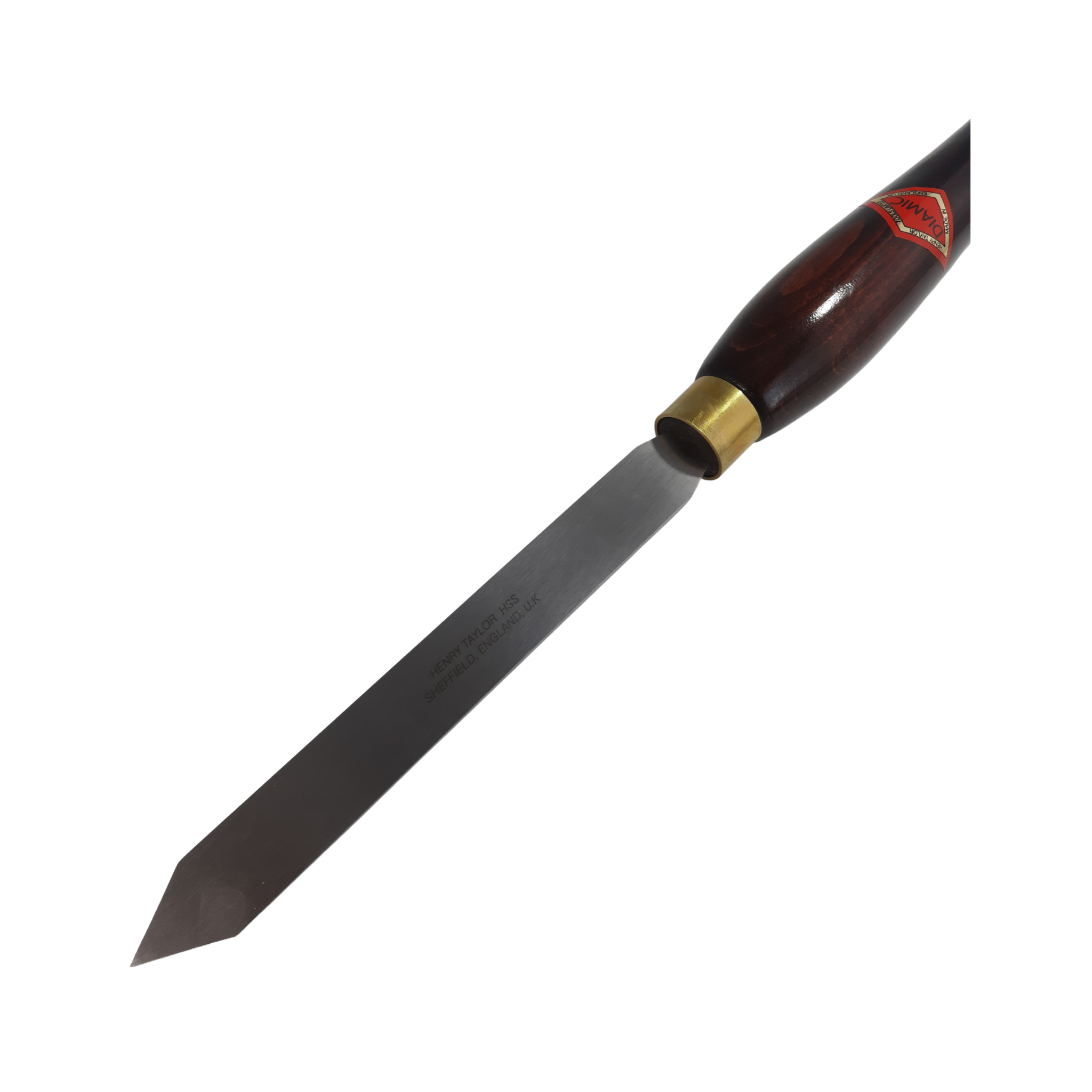 close up of woodturning parting tool with high speed steel blade and wooden handle on a white background