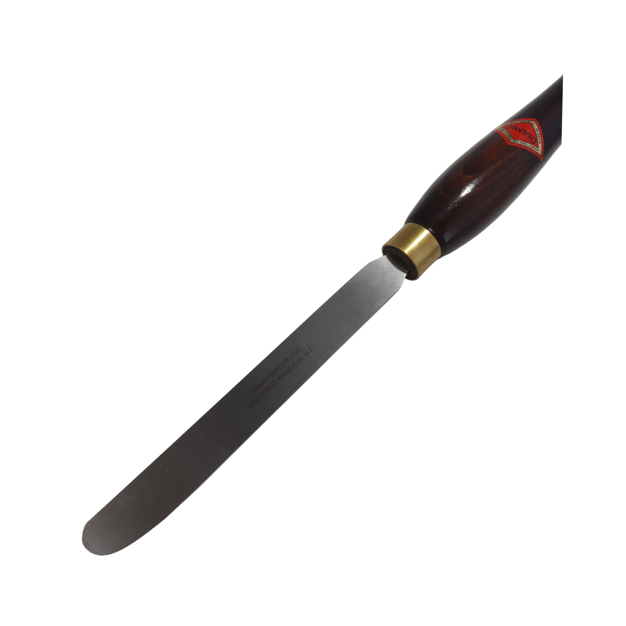 close up of woodturning shear scraper with high speed steel blade and wooden handle on a white background