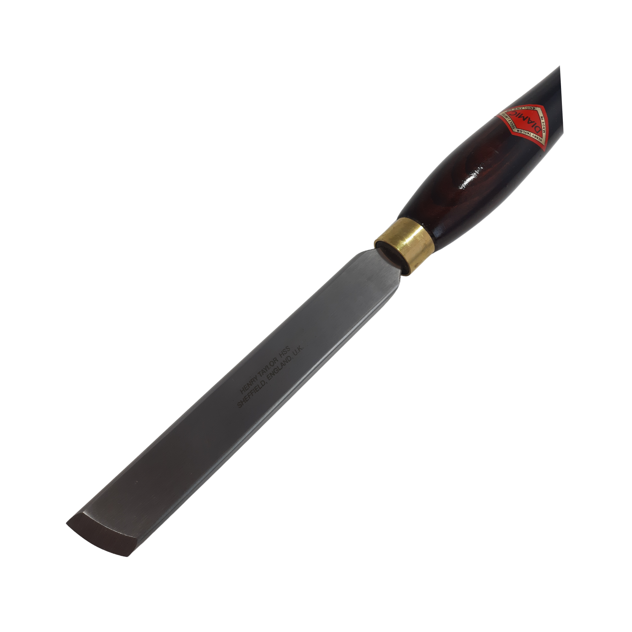 close up of woodturning radius chisel with high speed steel blade and wooden handle on a white background