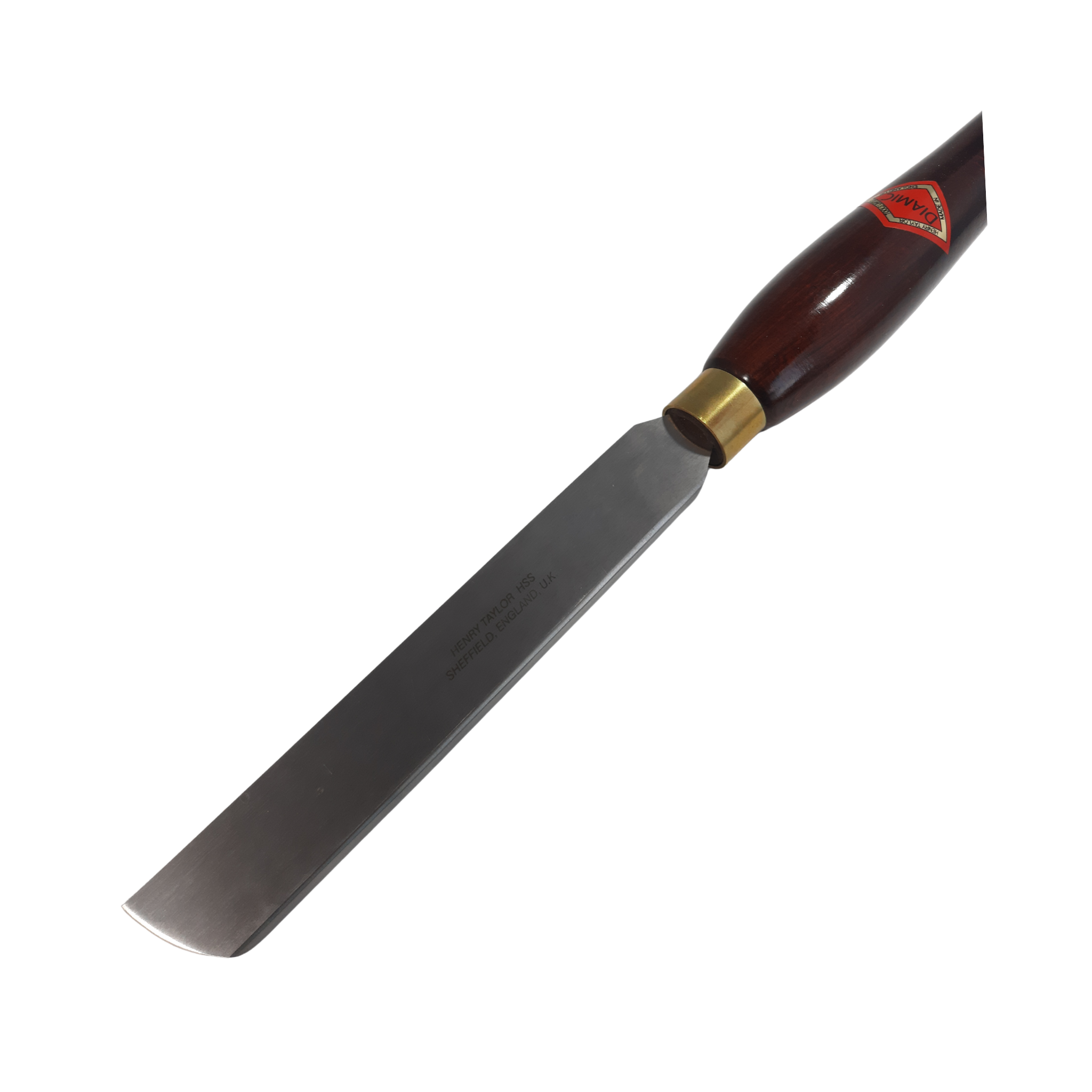 close up of woodturning left hand scraper with high speed steel blade and wooden handle on a white background