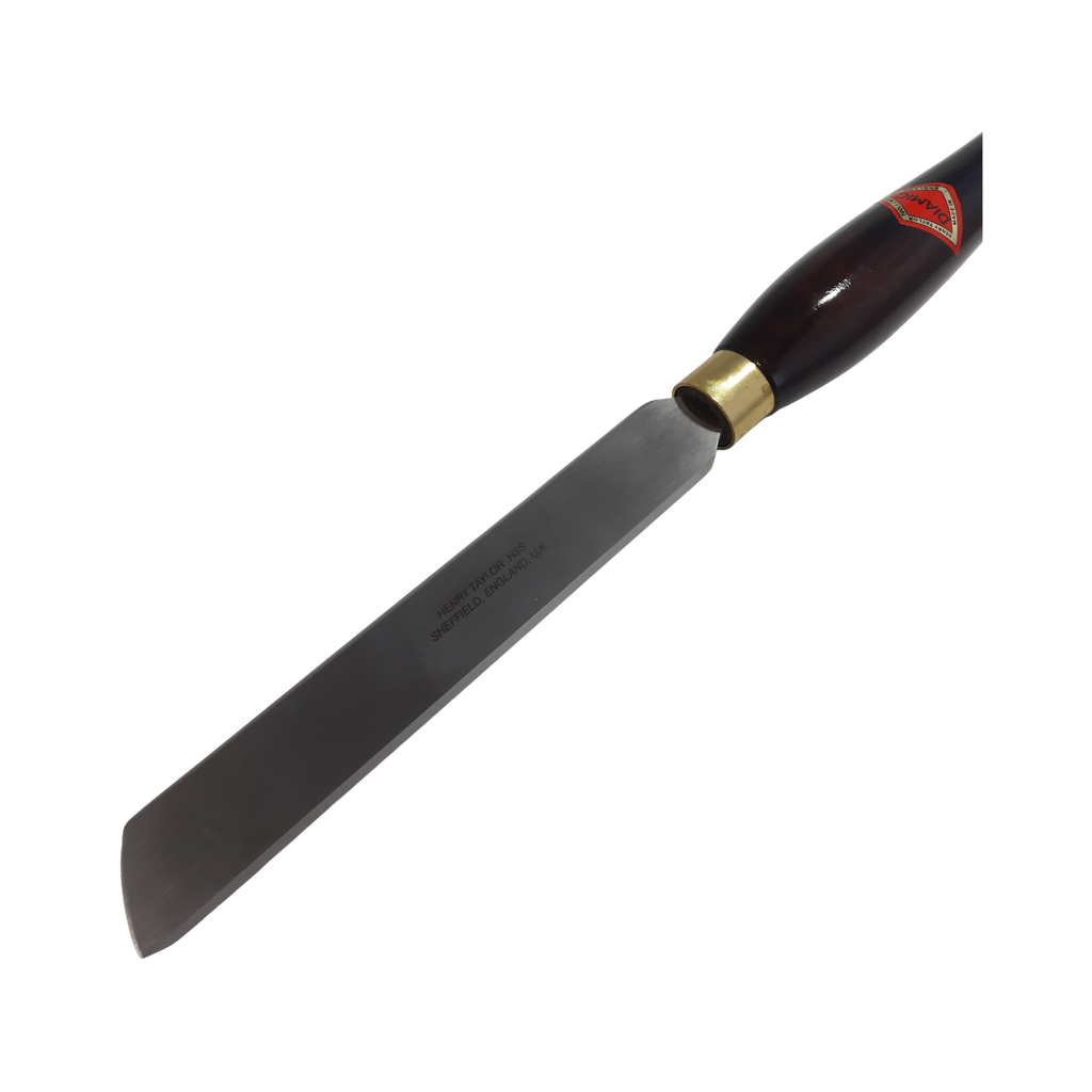 close up of woodturning right hand scraper with high speed steel blade and wooden handle on a white background