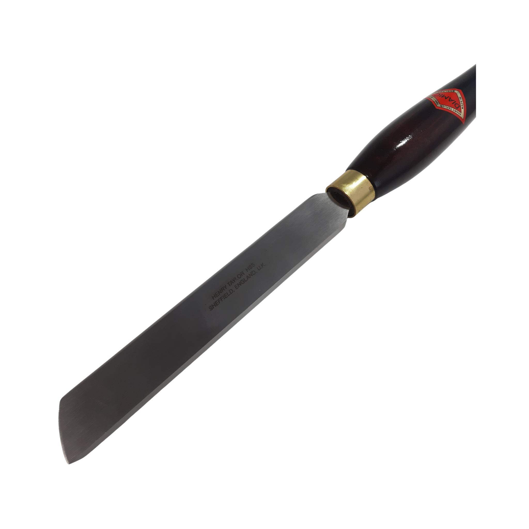 close up of woodturning right hand scraper with high speed steel blade and wooden handle on a white background