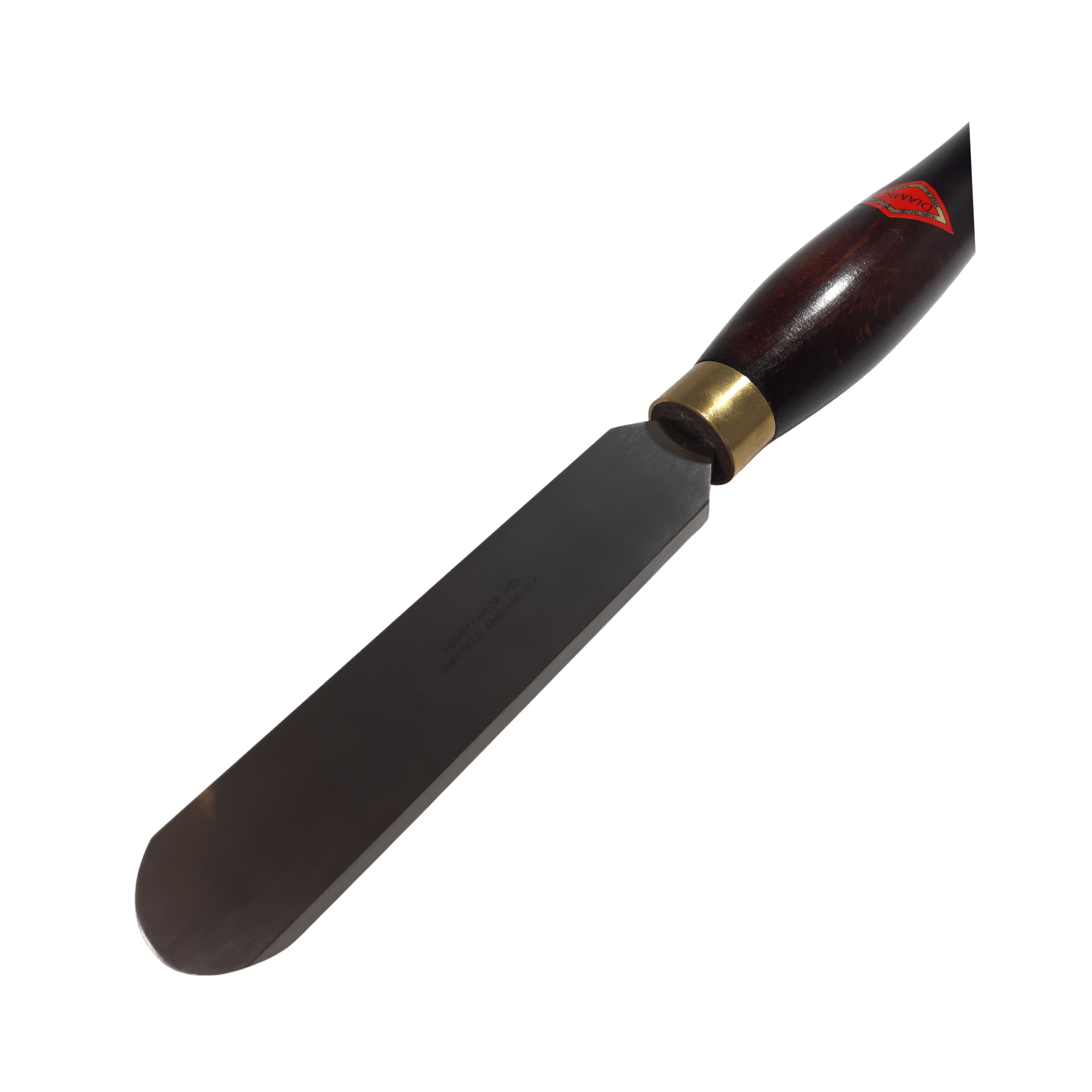 close up of woodturning heavy duty round scraper with high speed steel blade and wooden handle on a white background