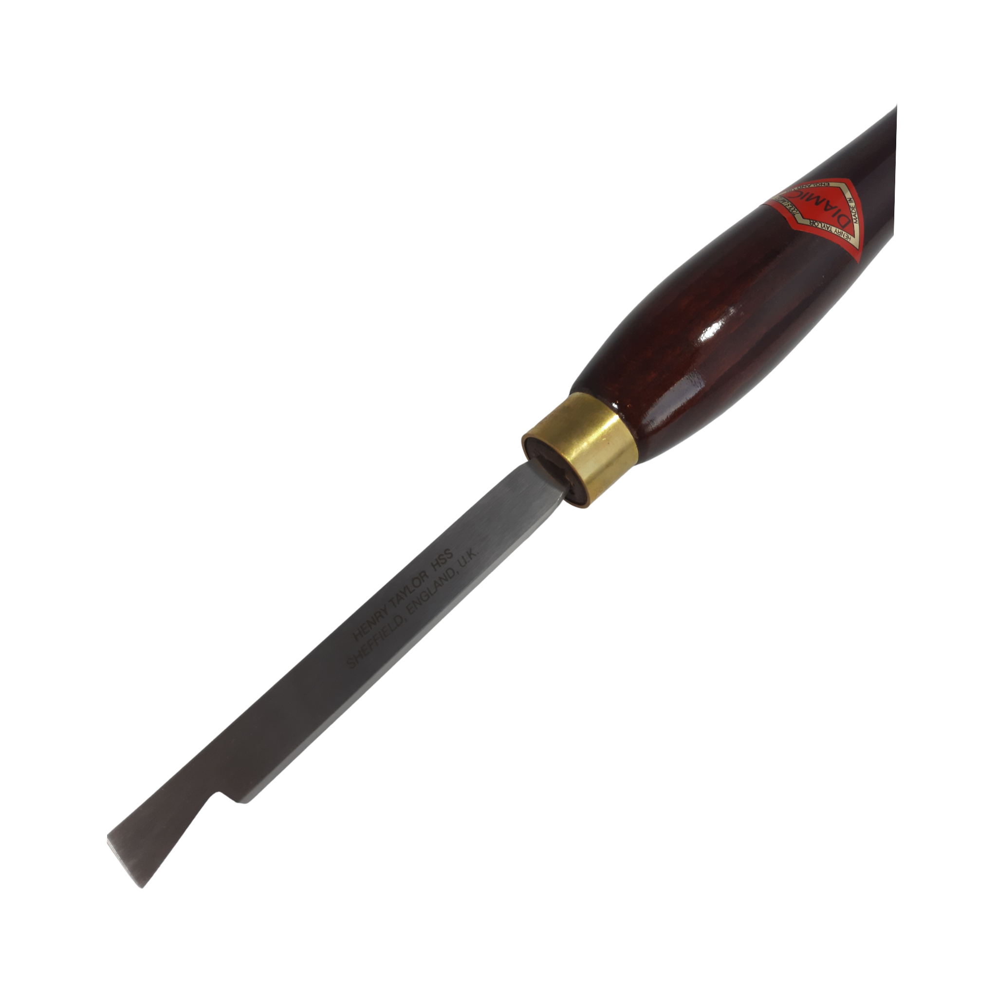 close up of woodturning dovetail scraper with high speed steel blade and wooden handle on a white background