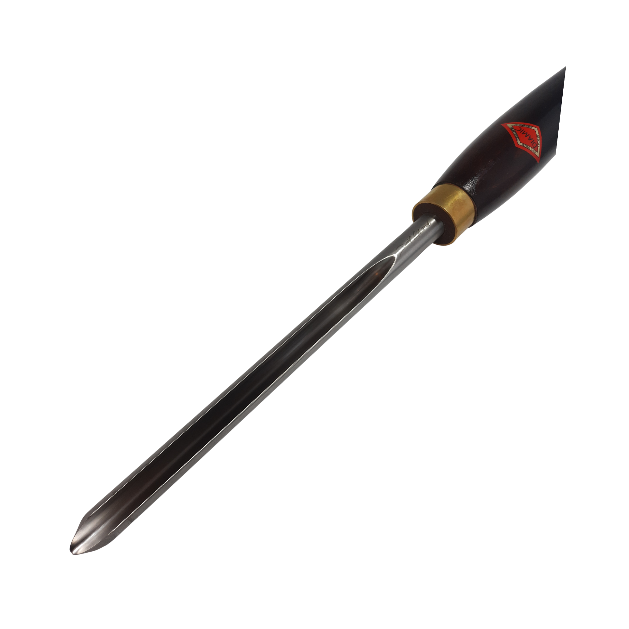close up of woodturning ellsworth bowl gouge with high speed steel blade and wooden handle on a white background