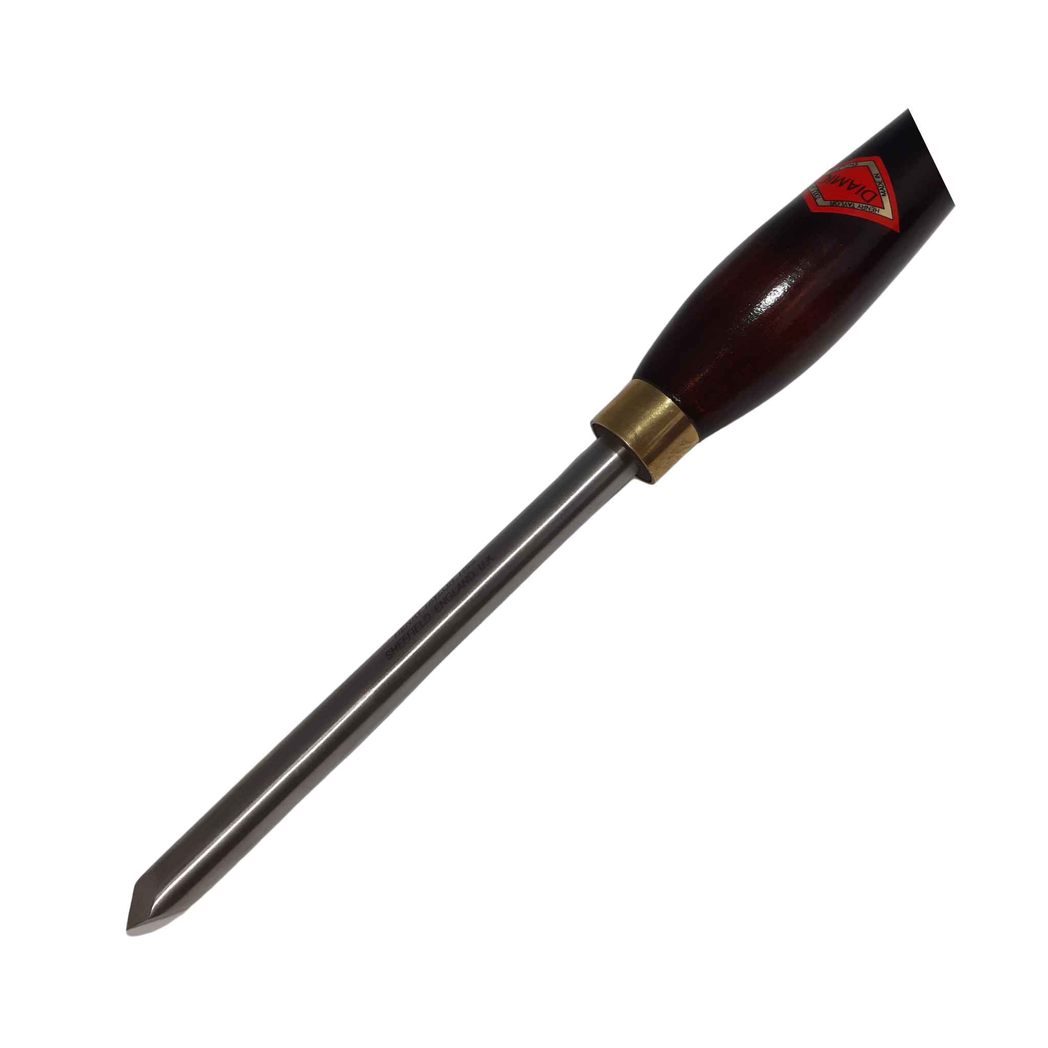 close up of woodturning pyramid parting tool with high speed steel blade and wooden handle on a white background