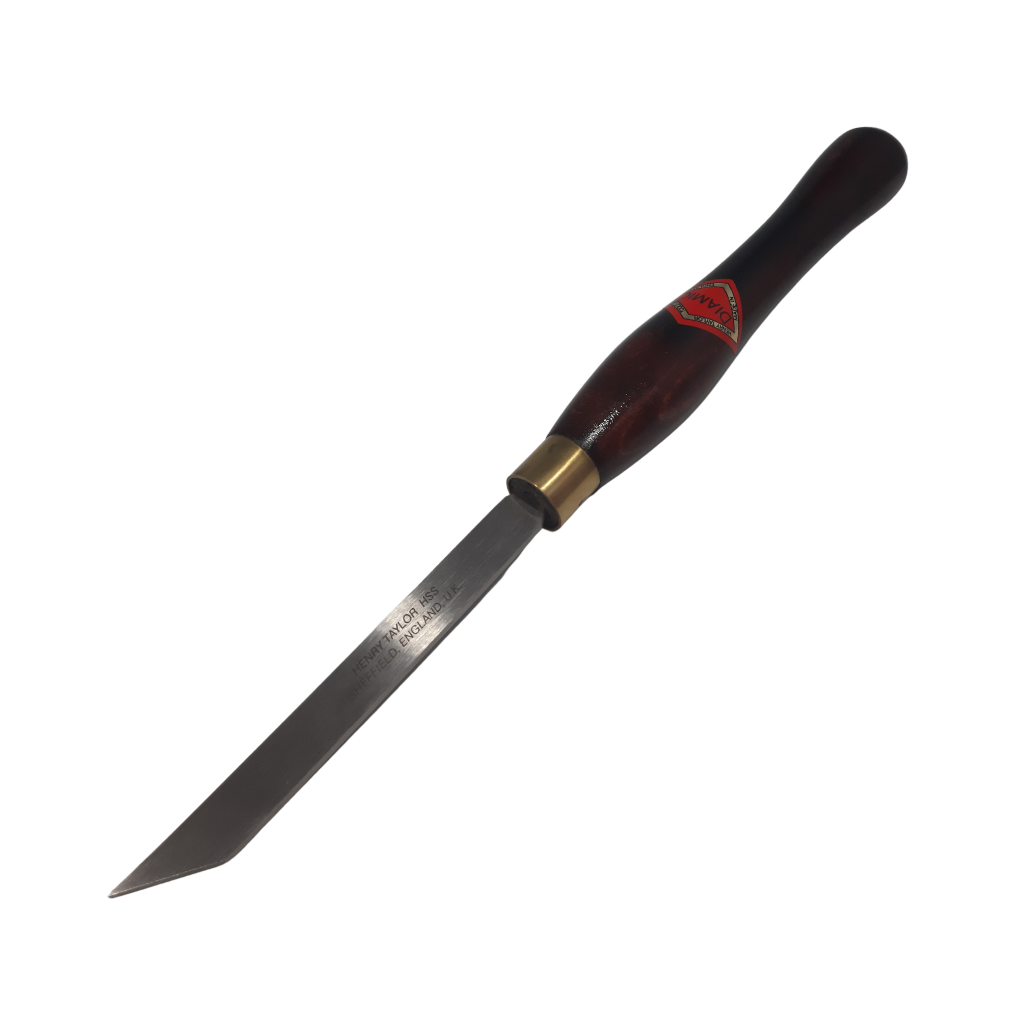 woodturning 1/2" thin parting tool with high speed steel blade and wooden handle on a white background