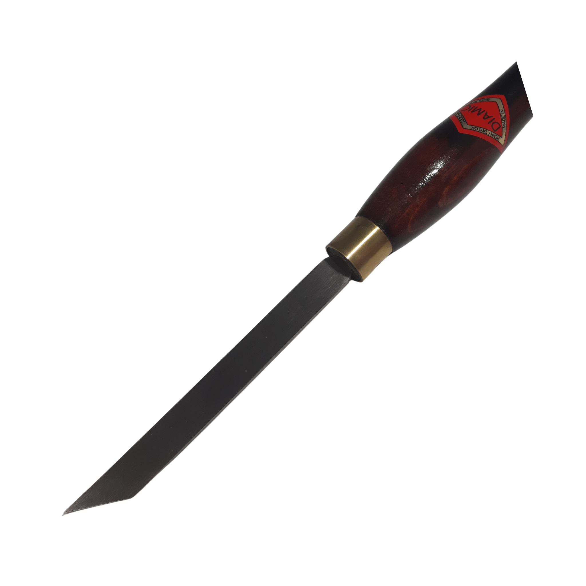 close up of woodturning 1/2" thin parting tool with high speed steel blade and wooden handle on a white background