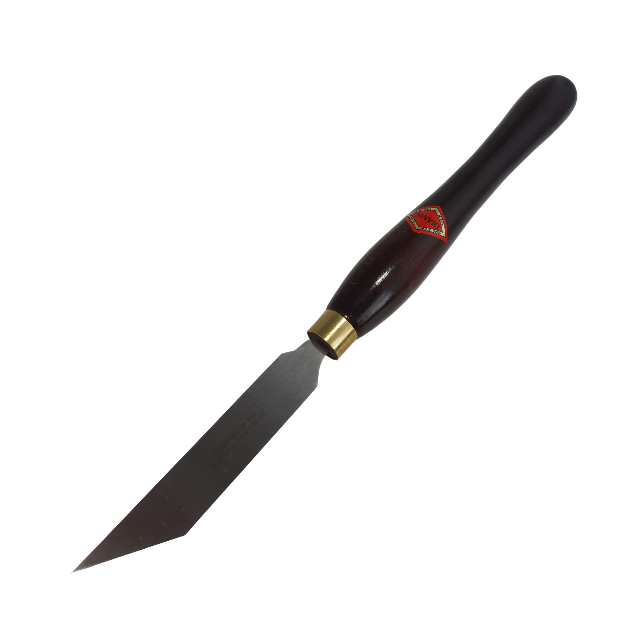 woodturning 1" thin parting tool with high speed steel blade and wooden handle on a white background
