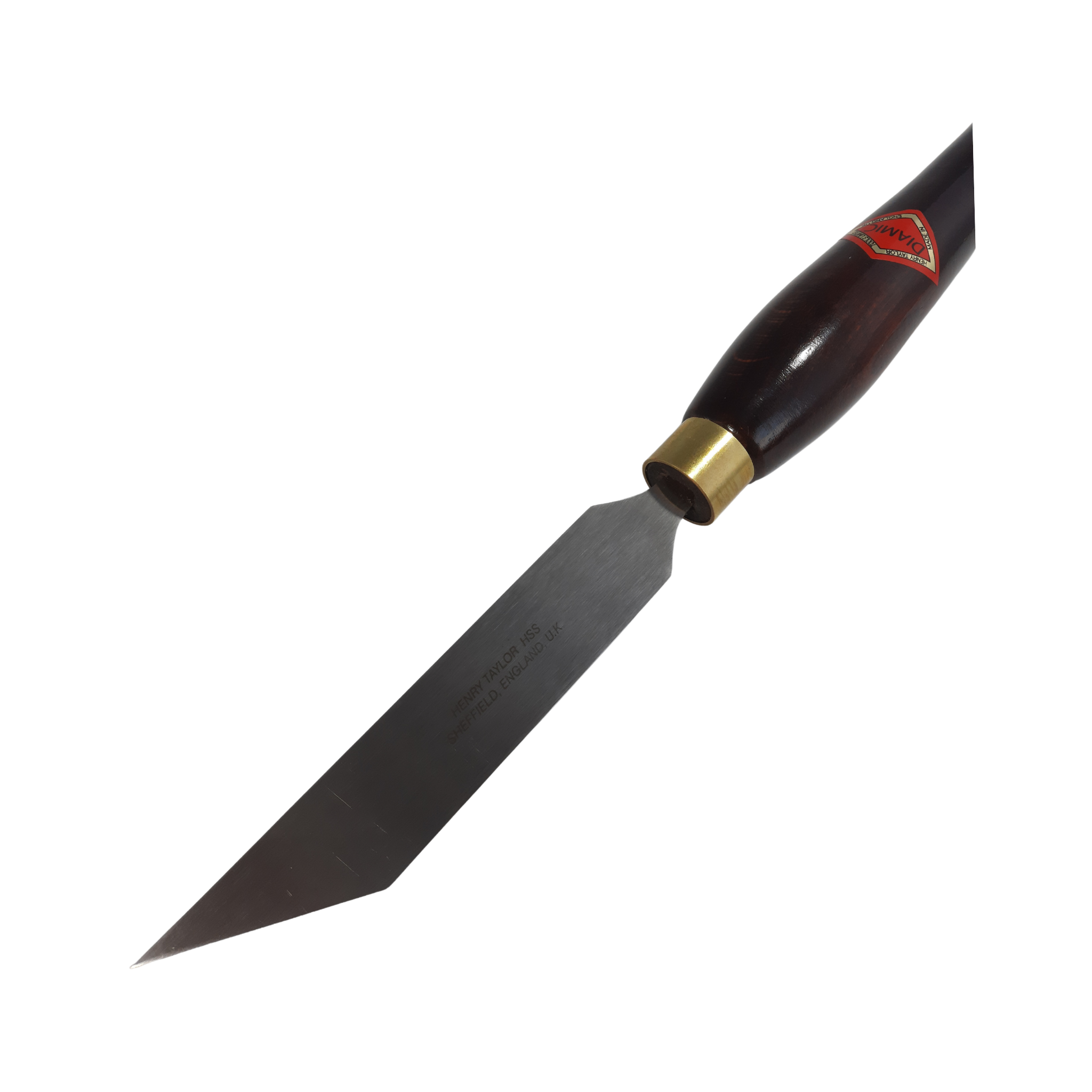 close up of woodturning 1" thin parting tool with high speed steel blade and wooden handle on a white background