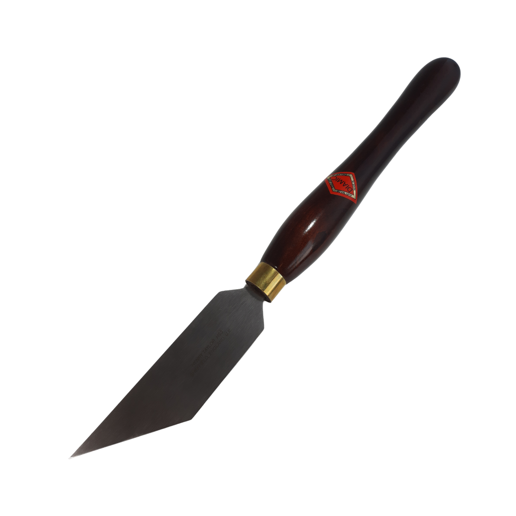 woodturning 1 1/2" thin parting tool with high speed steel blade and wooden handle on a white background