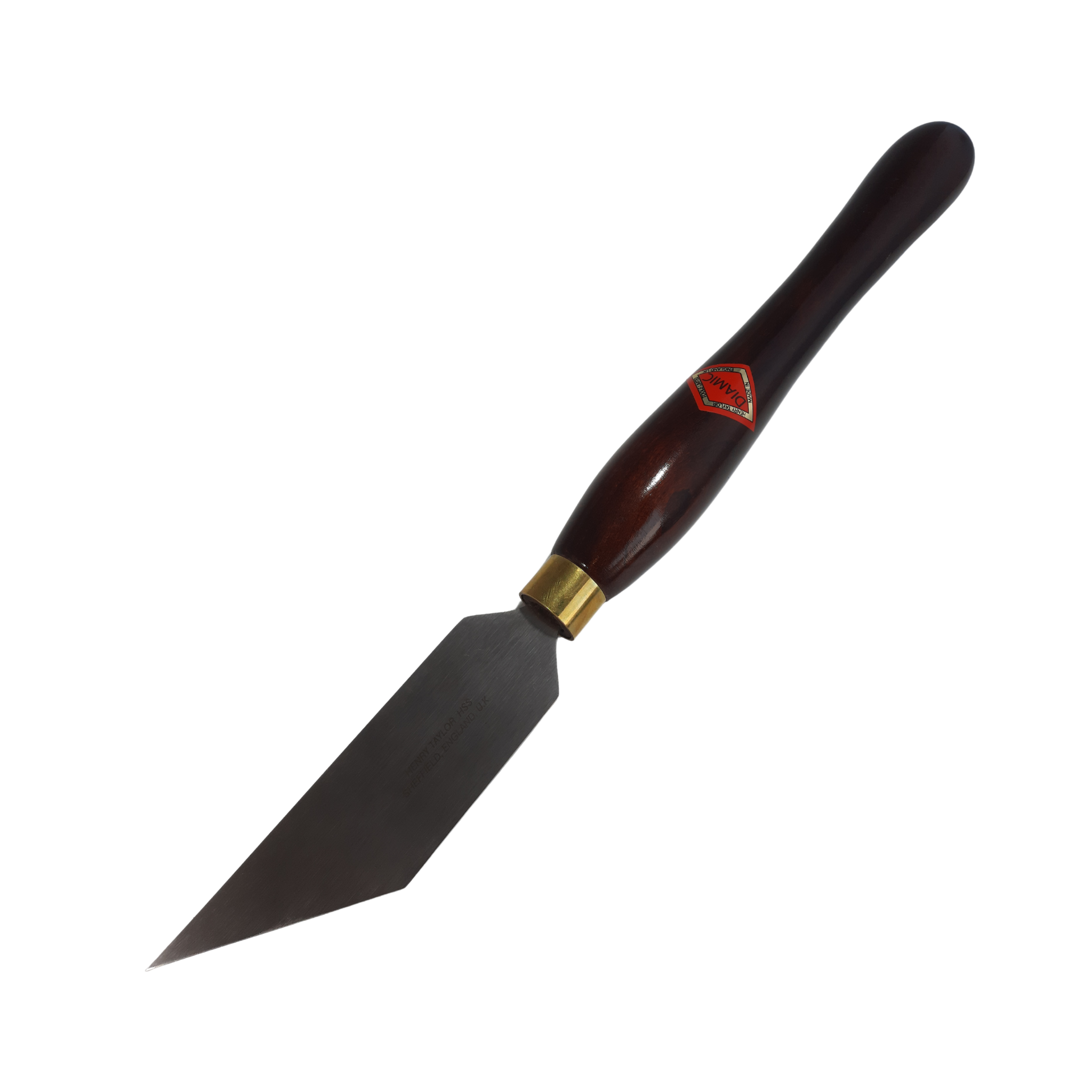 woodturning 1 1/2" thin parting tool with high speed steel blade and wooden handle on a white background