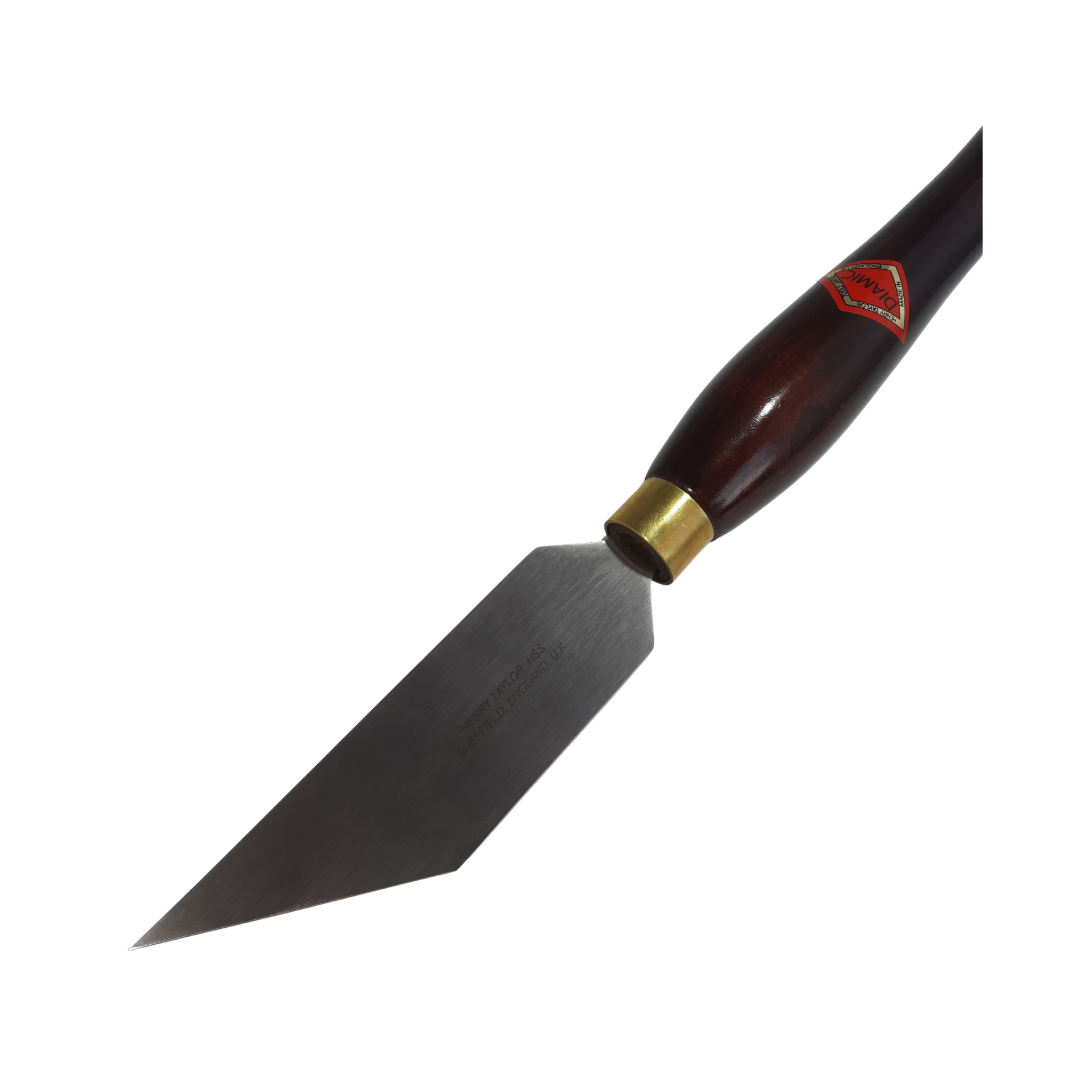 close up of woodturning 1 1/2" thin parting tool with high speed steel blade and wooden handle on a white background