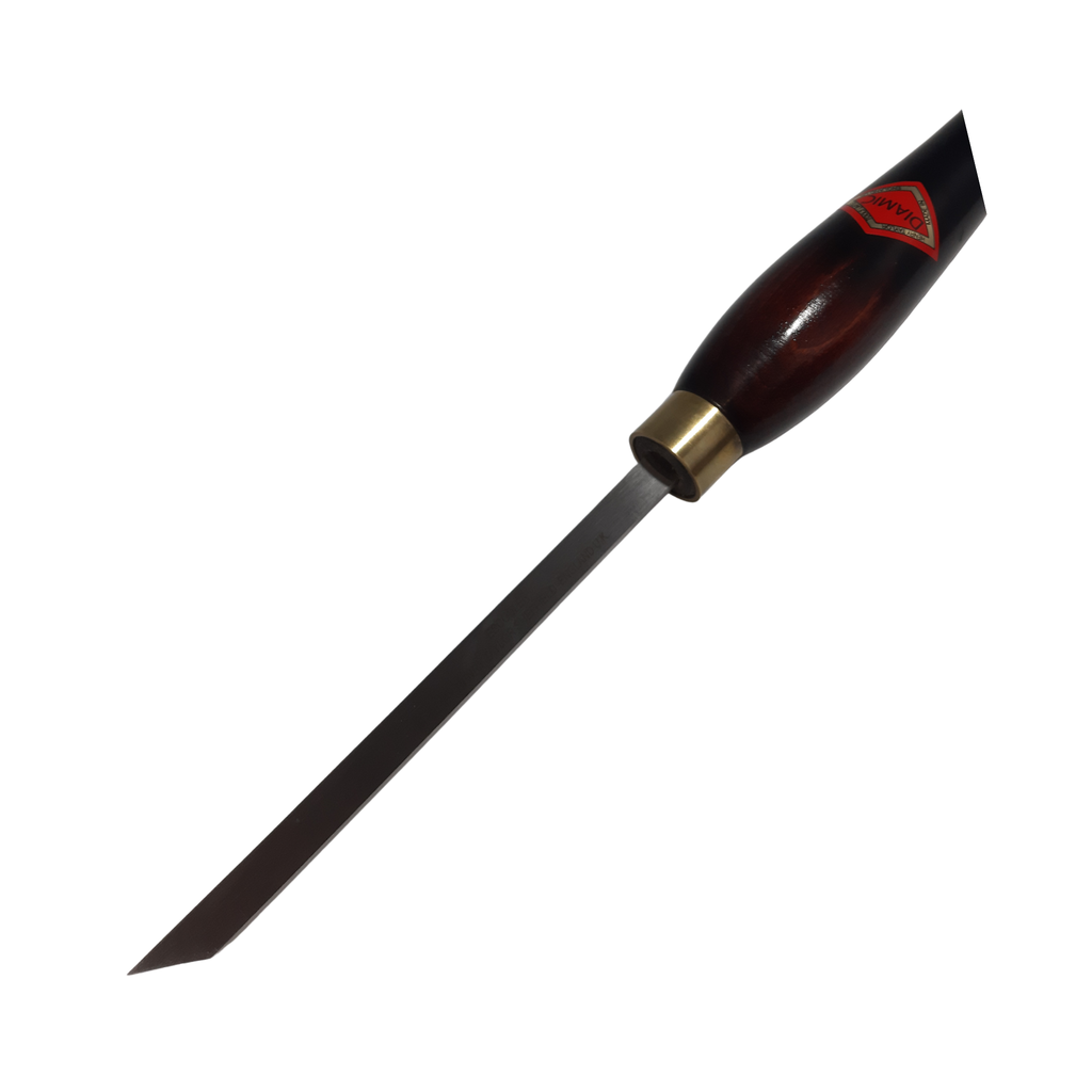 close up of woodturning 5x9mm escoulen bedan with high speed steel blade and wooden handle on a white background