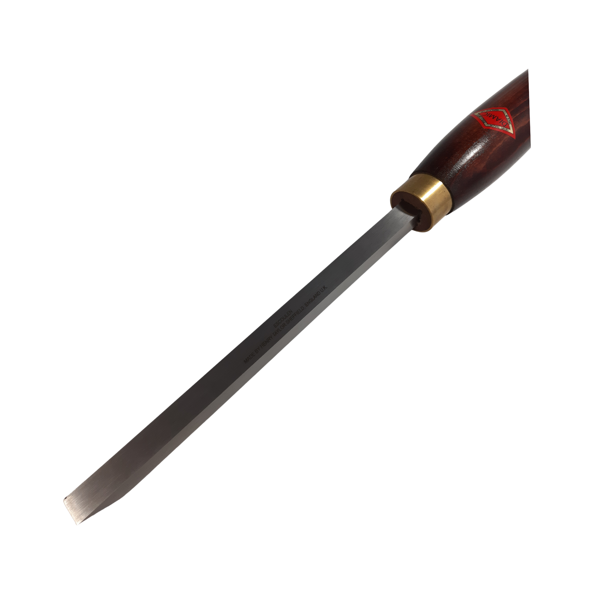 close up of woodturning 12x12mm escoulen bedan with high speed steel blade and wooden handle on a white background