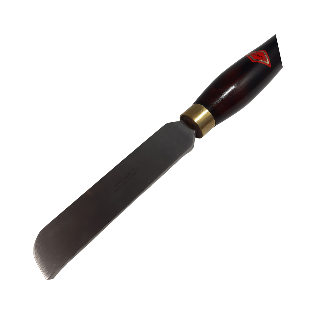 close up of woodturning heavy duty right hand half round scraper with high speed steel blade and wooden handle on a white background