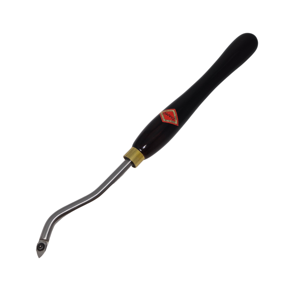 woodturning hollowing tool with small high speed steel tip and wooden handle on a white background