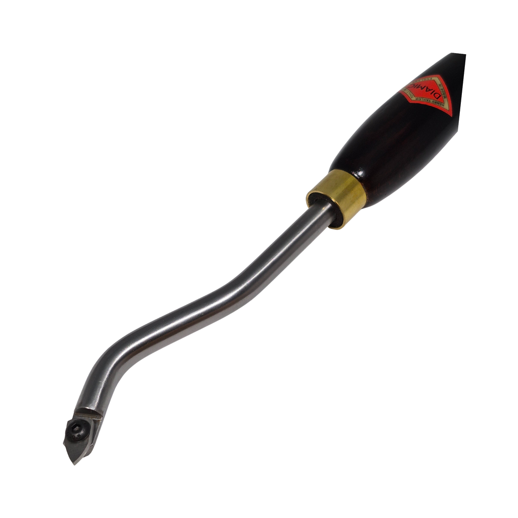 close up of woodturning hollowing tool with small high speed steel tip and wooden handle on a white background