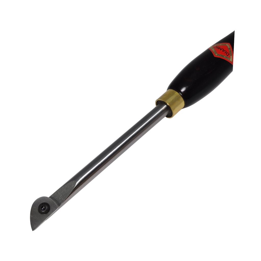 close up of woodturning hollowing tool with high speed steel tip and wooden handle on a white background