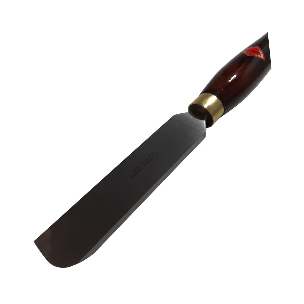 close up of woodturning heavy duty left hand half round scraper with high speed steel blade and wooden handle on a white background