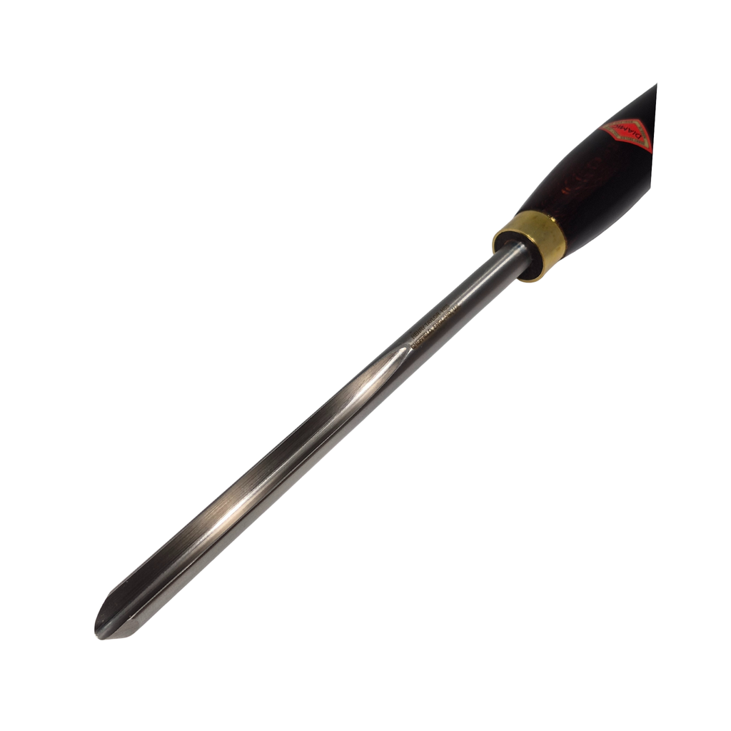 close up of woodturning 1/2" bowl gouge with fingernail grind high speed steel blade and wooden handle on a white background