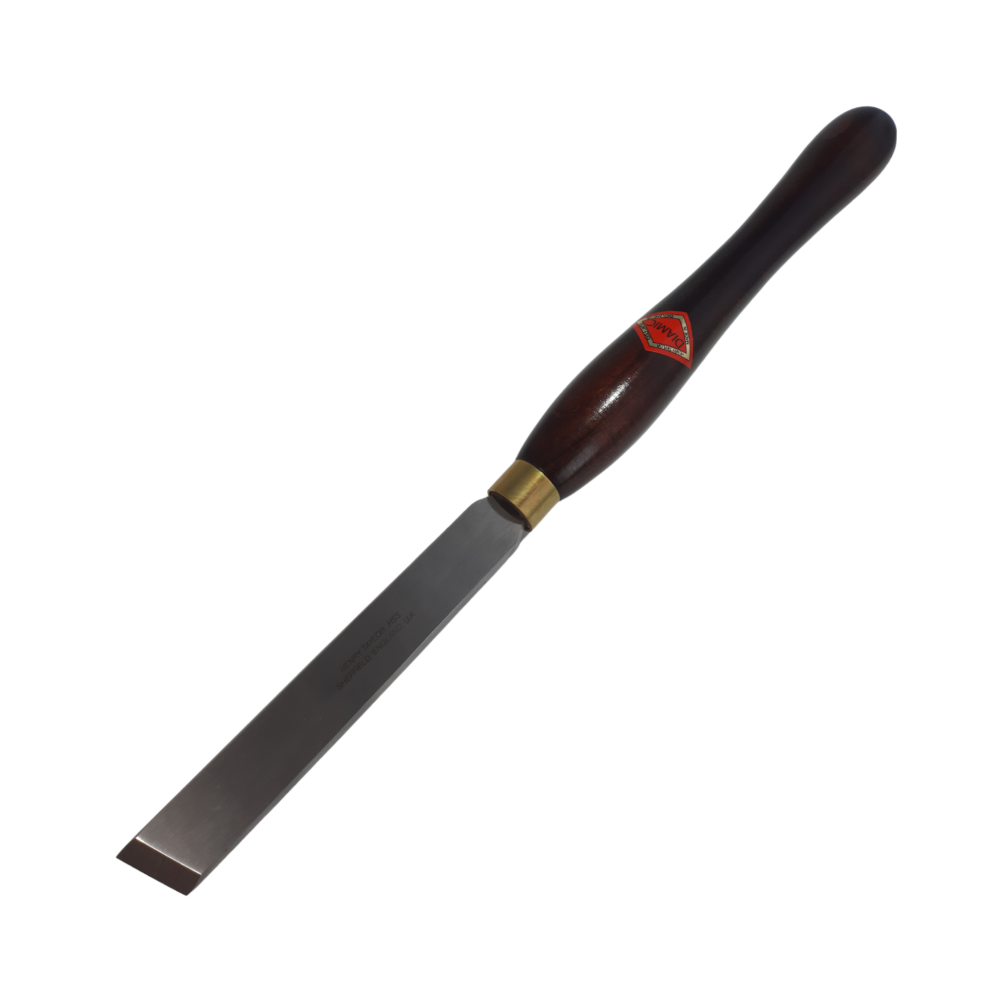 woodturning 1" skew chisel with high speed steel blade and wooden handle on a white background