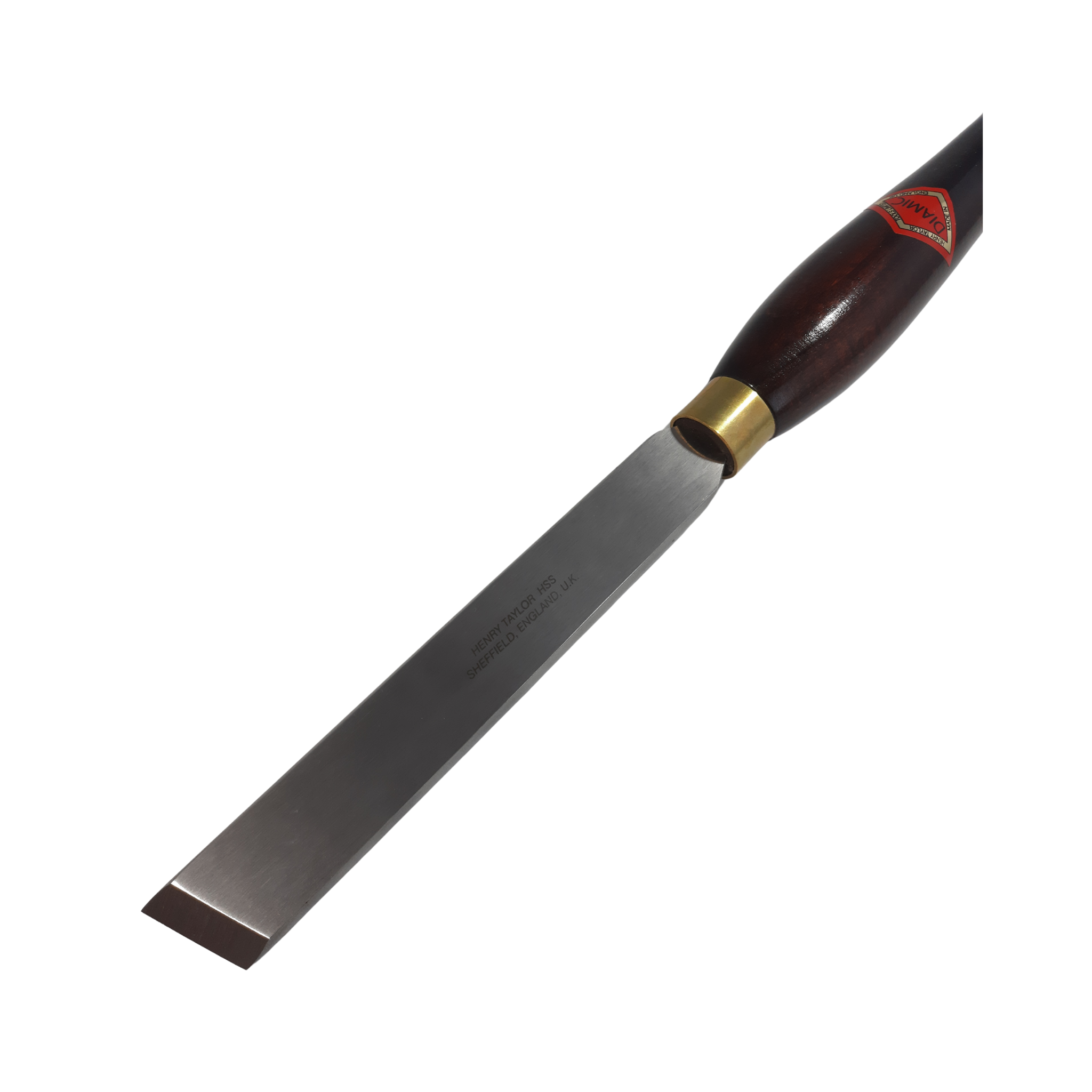 close up of woodturning 1" skew chisel with high speed steel blade and wooden handle on a white background