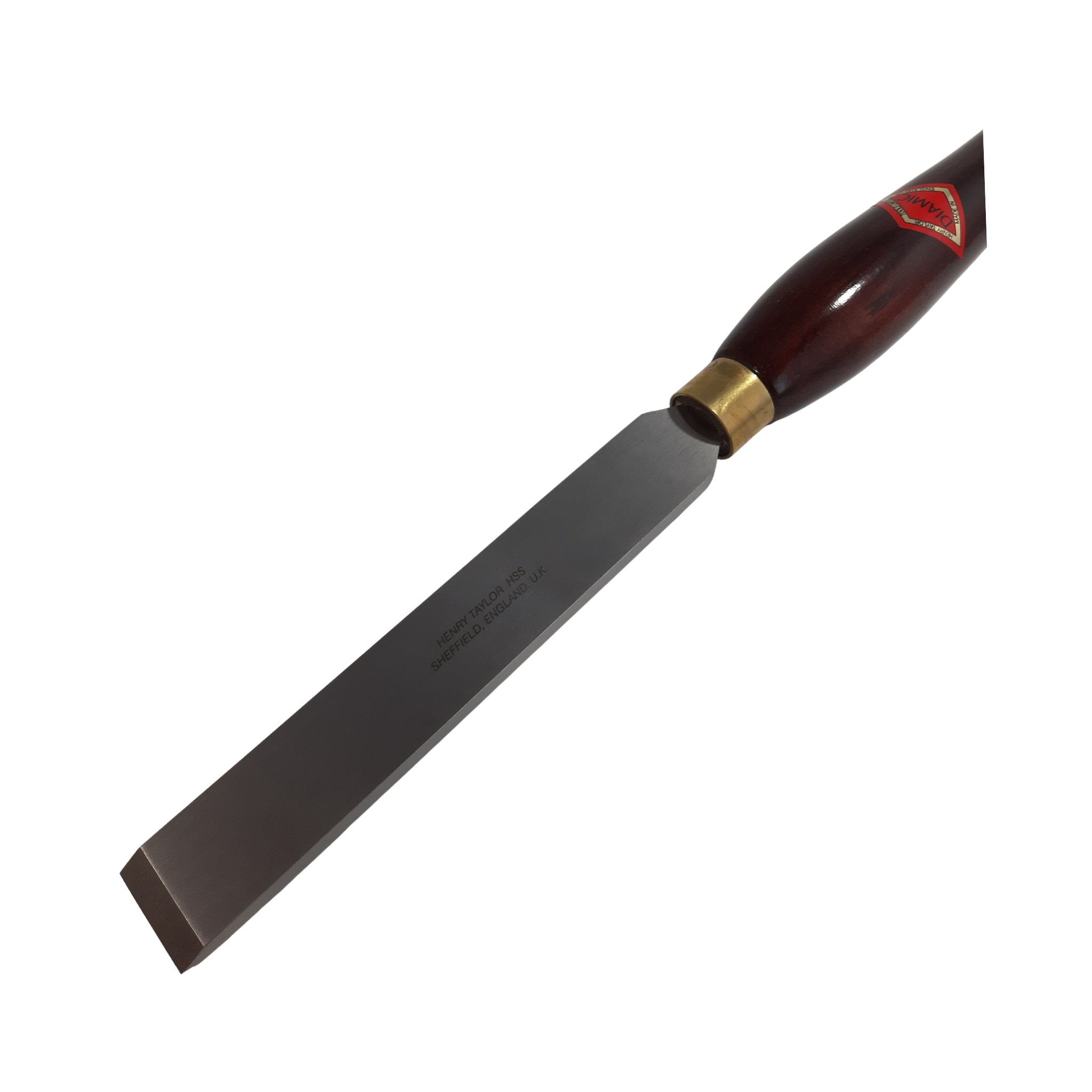 close up of woodturning square chisel with high speed steel blade and wooden handle on a white background