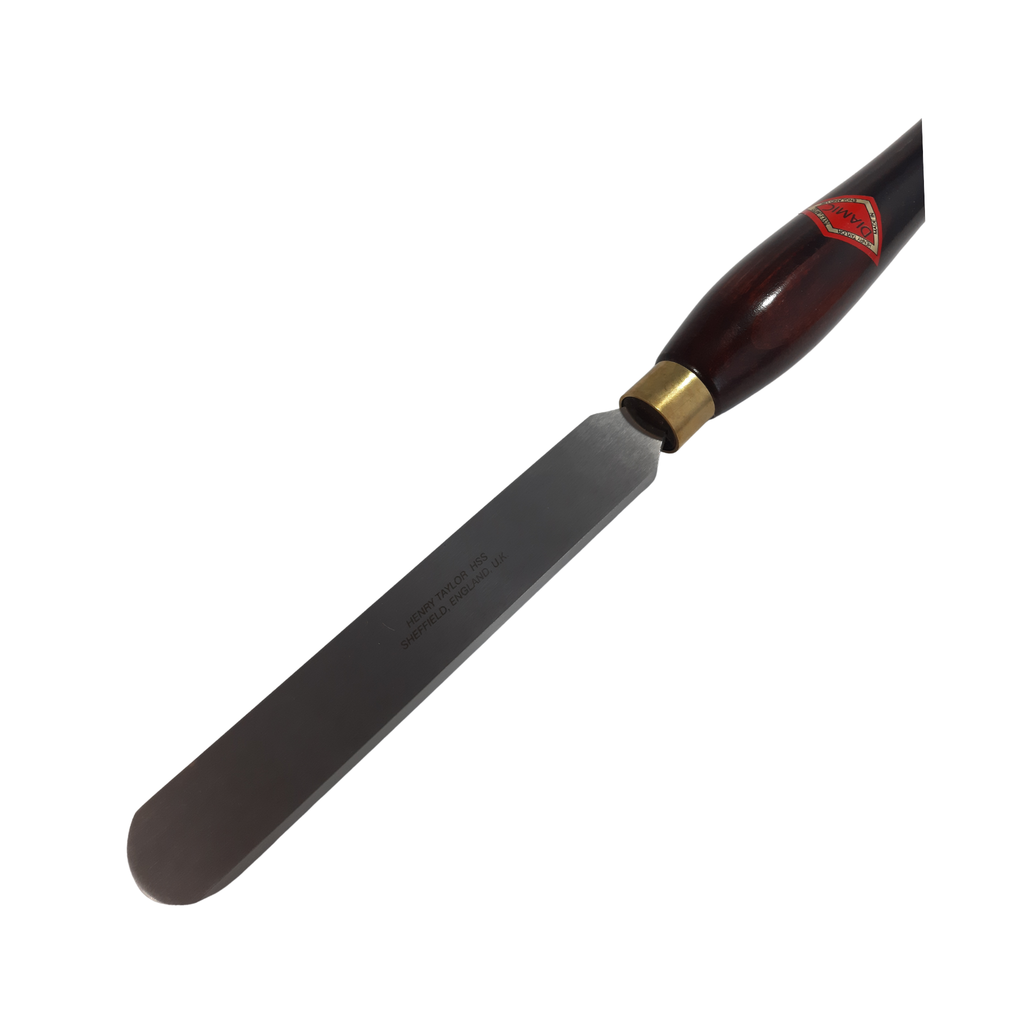 close up of woodturning 1" round scraper with high speed steel blade and wooden handle on a white background