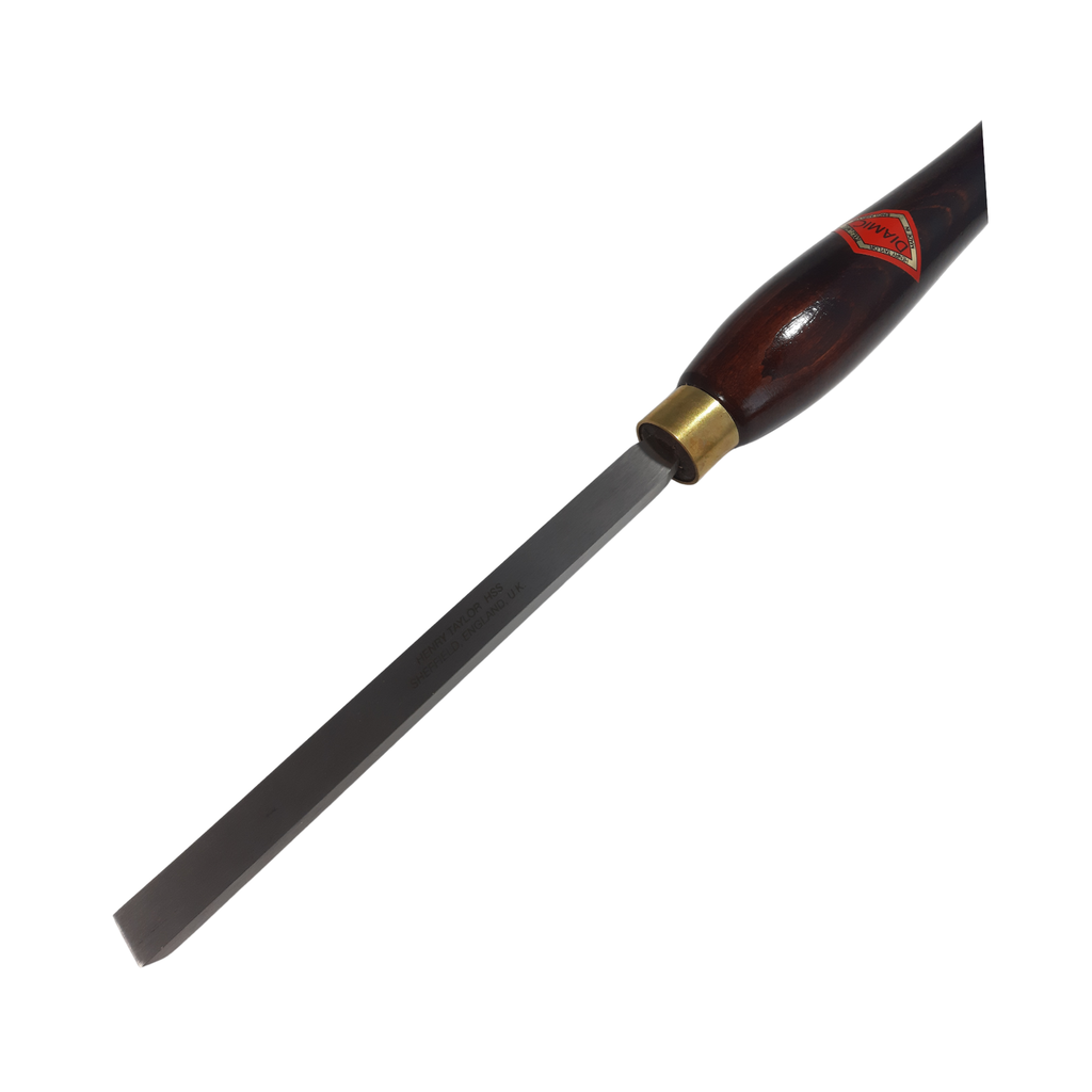 close up of woodturning 1/2" square scraper with high speed steel blade and wooden handle on a white background