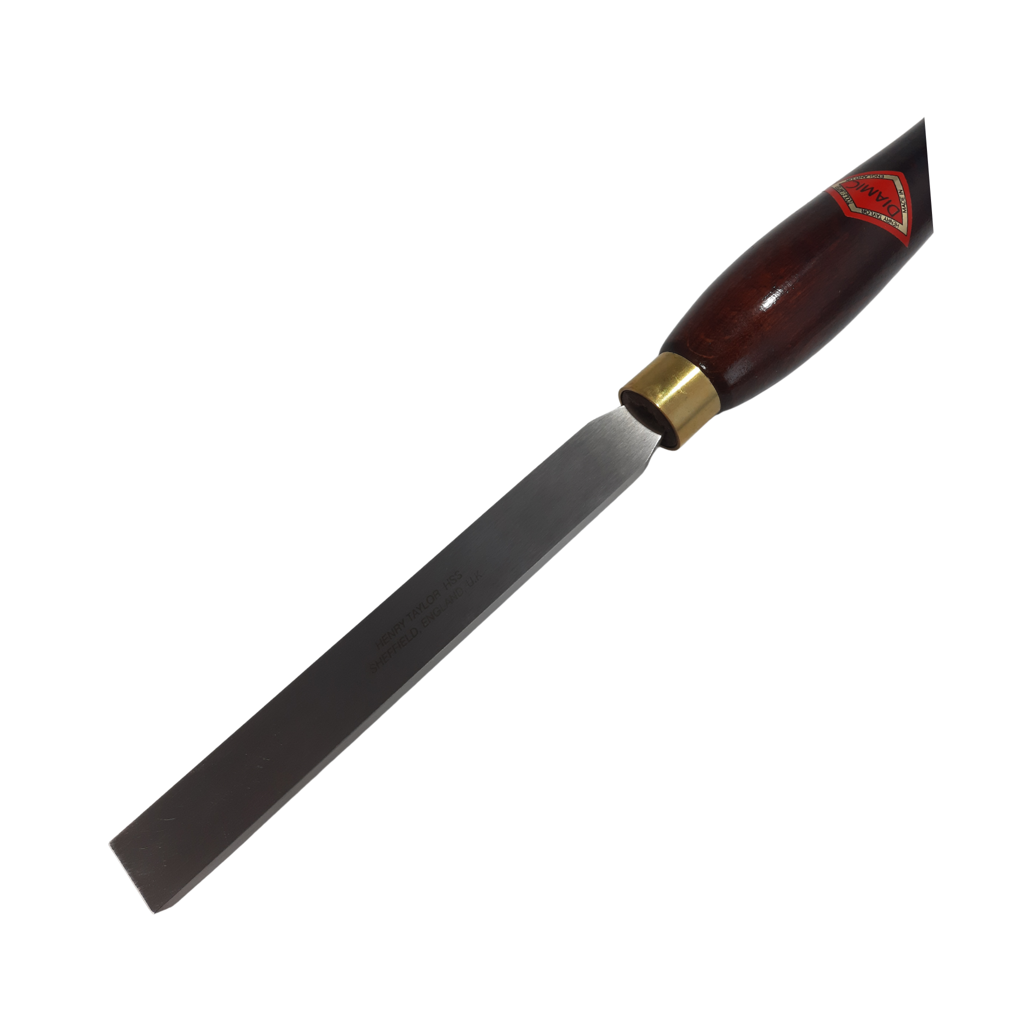 close up of woodturning 3/4" square scraper with high speed steel blade and wooden handle on a white background