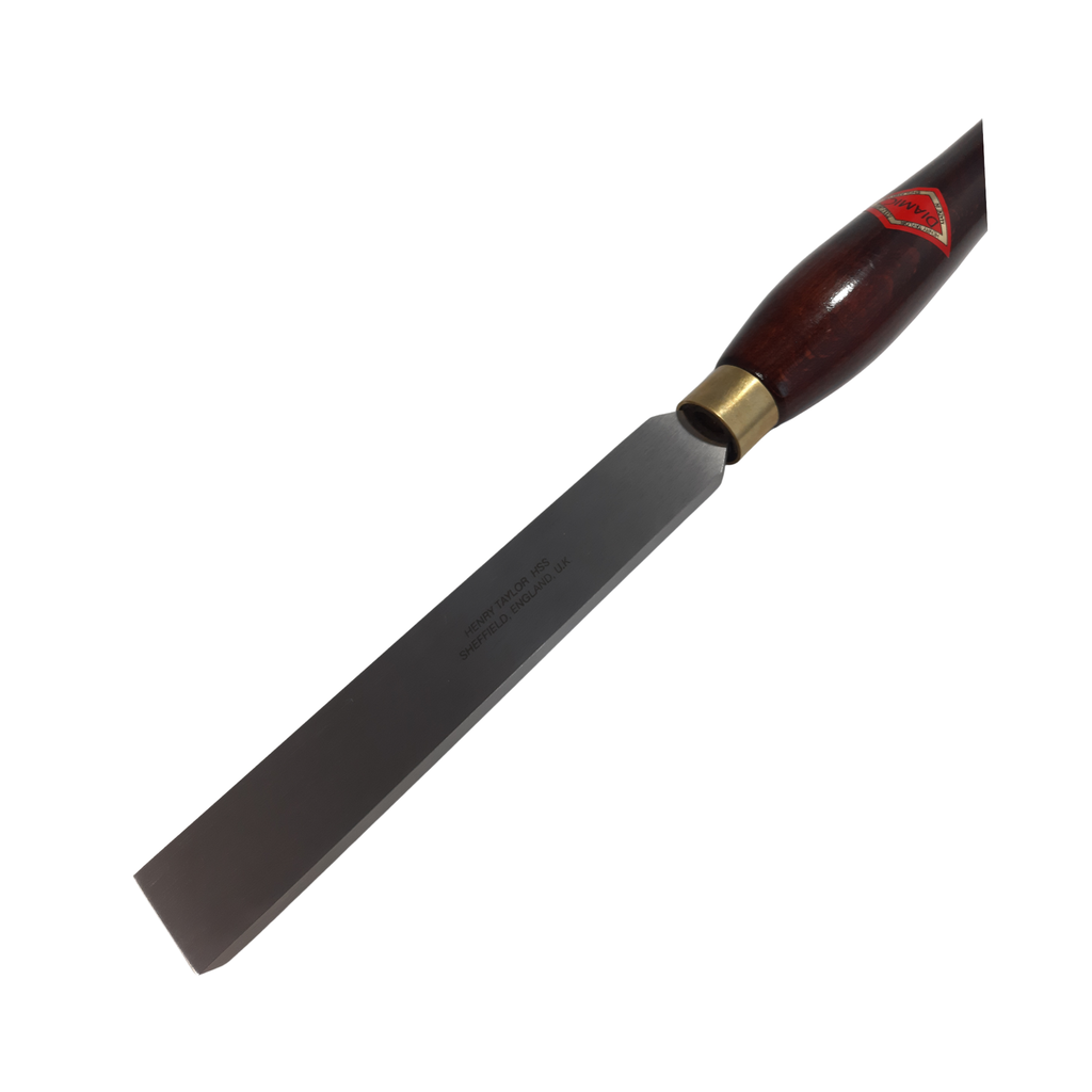 close up of woodturning 1" square scraper with high speed steel blade and wooden handle on a white background