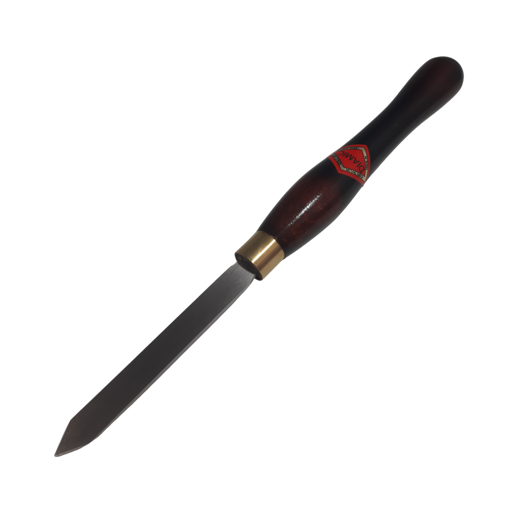 woodturning parting tool with high speed steel blade and wooden handle on a white background