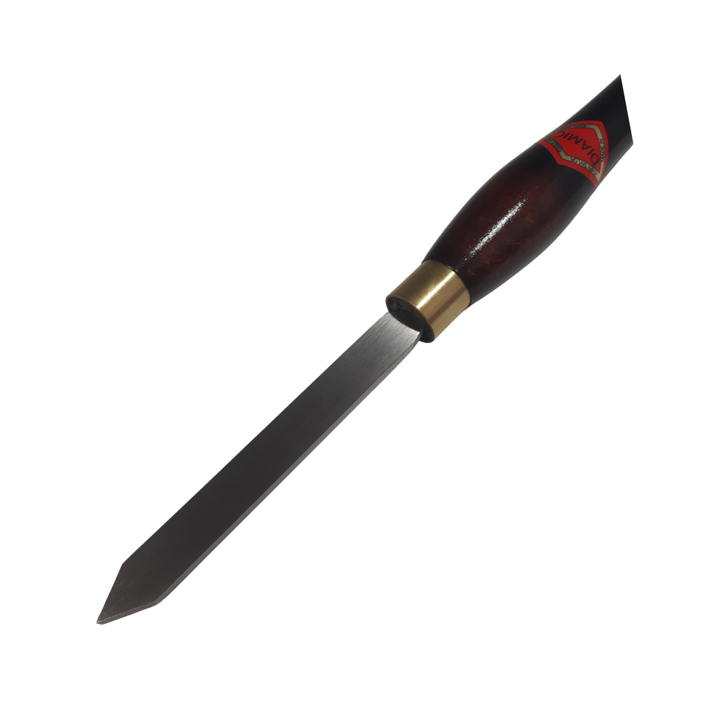 close up of woodturning parting tool with high speed steel blade and wooden handle on a white background