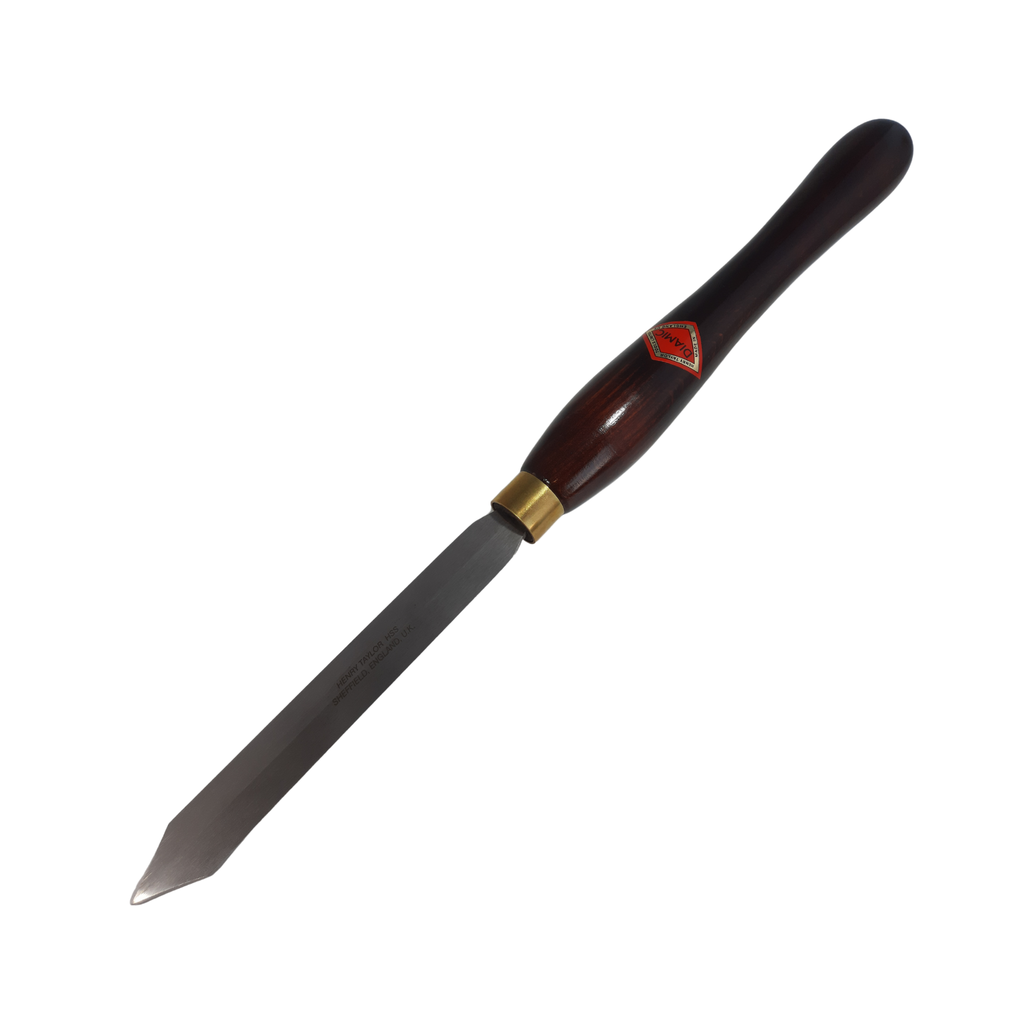 woodturning diamond parting tool with high speed steel blade and wooden handle on a white background