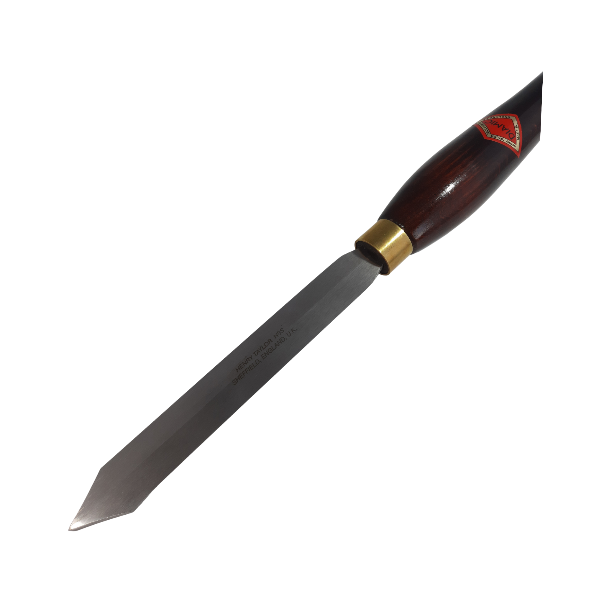 close up of woodturning diamond parting tool with high speed steel blade and wooden handle on a white background