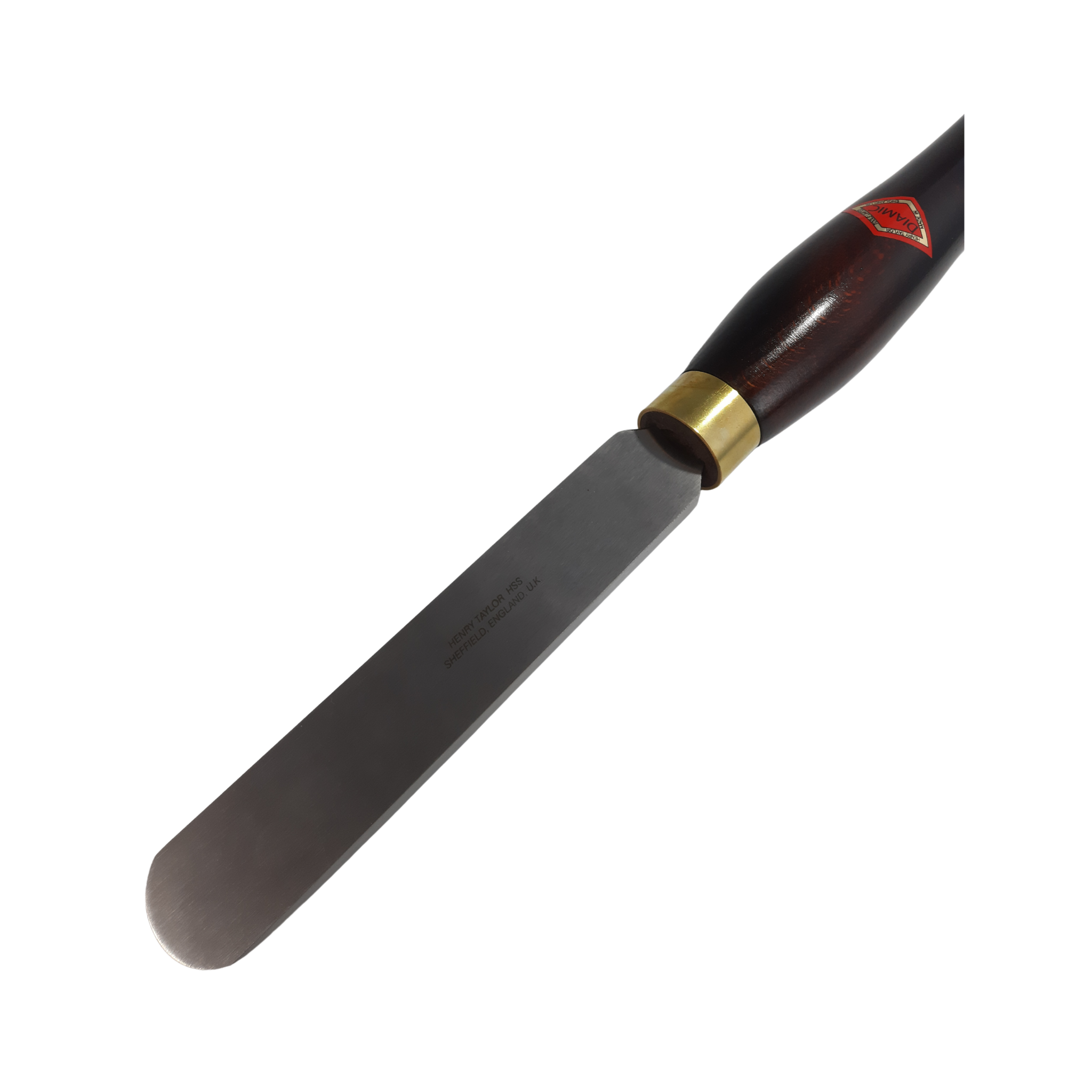 close up of woodturning 1 1/4" round scraper with high speed steel blade and wooden handle on a white background