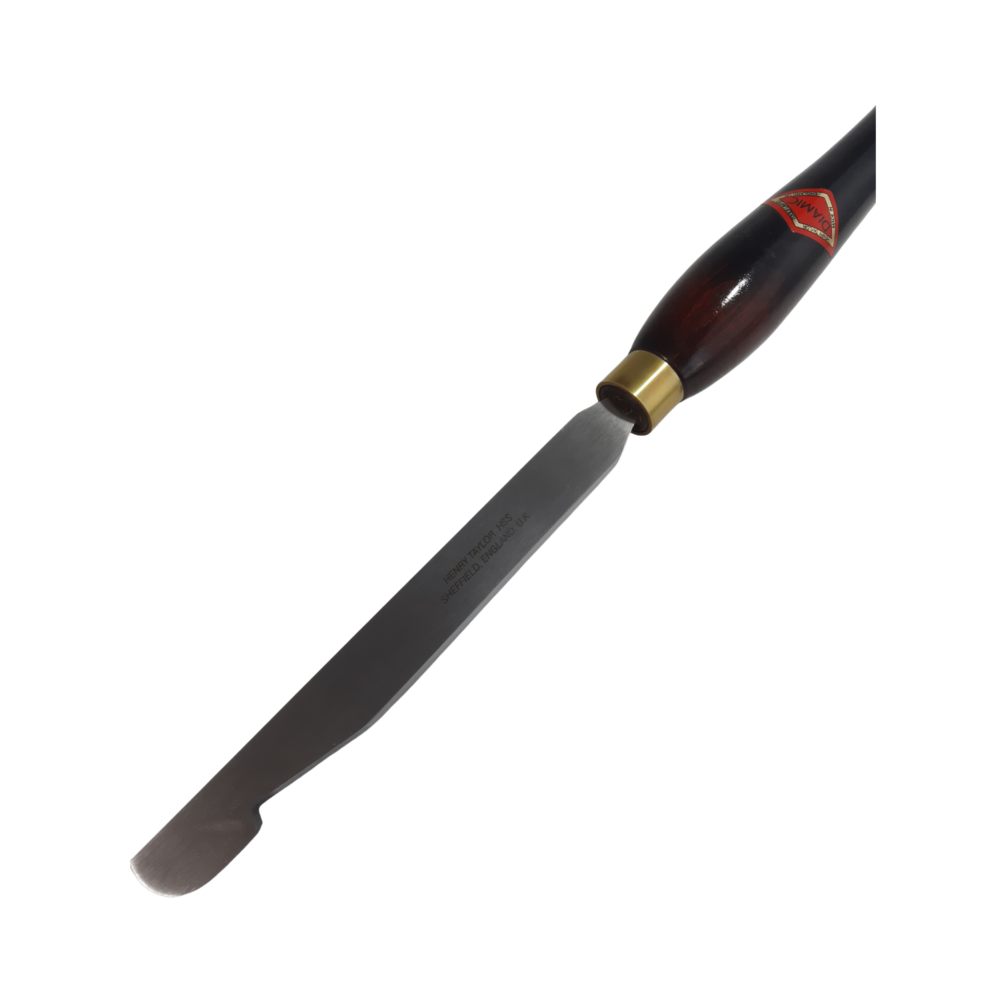 close up of woodturning round side scraper with high speed steel blade and wooden handle on a white background