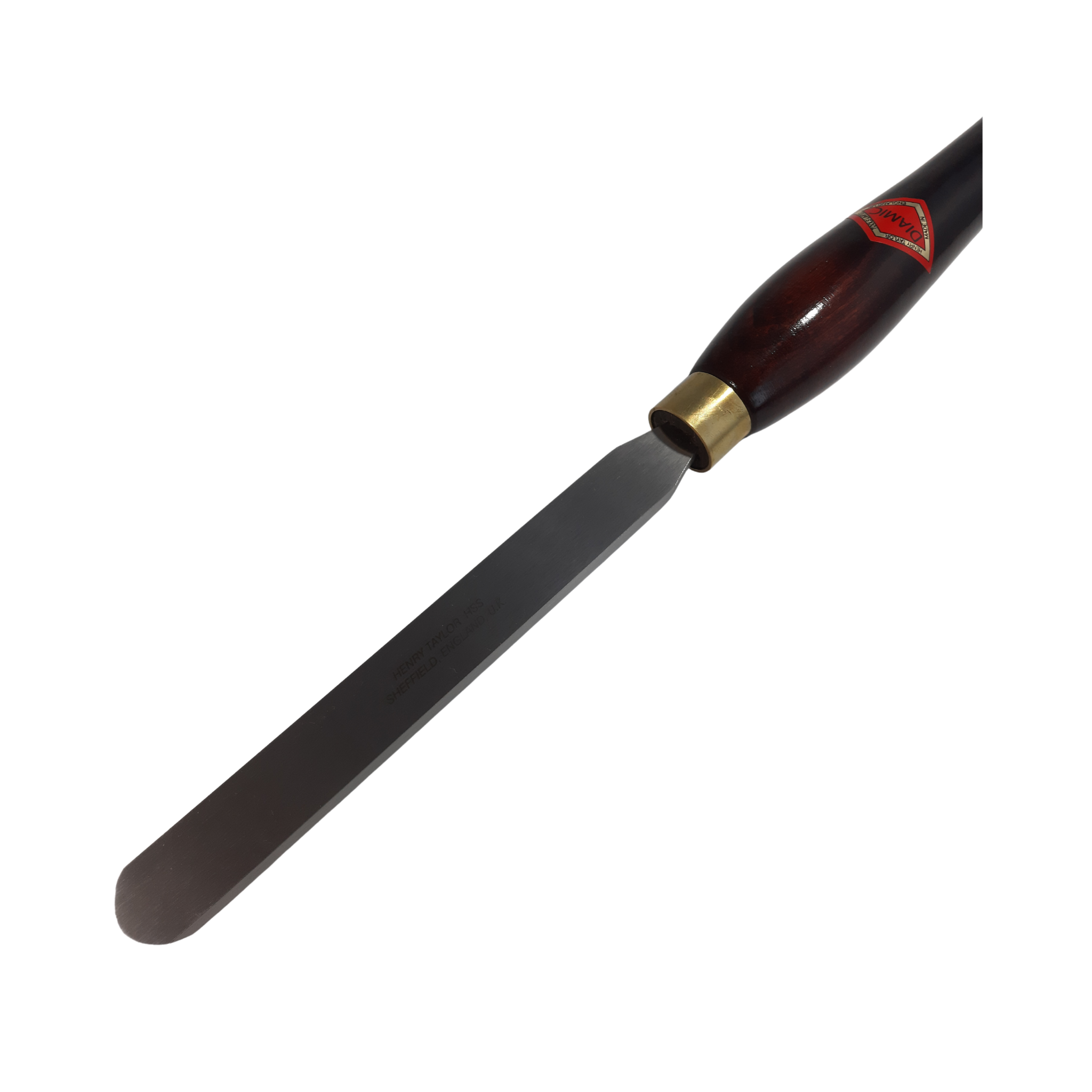 close up of woodturning 3/4" round scraper with high speed steel blade and wooden handle on a white background