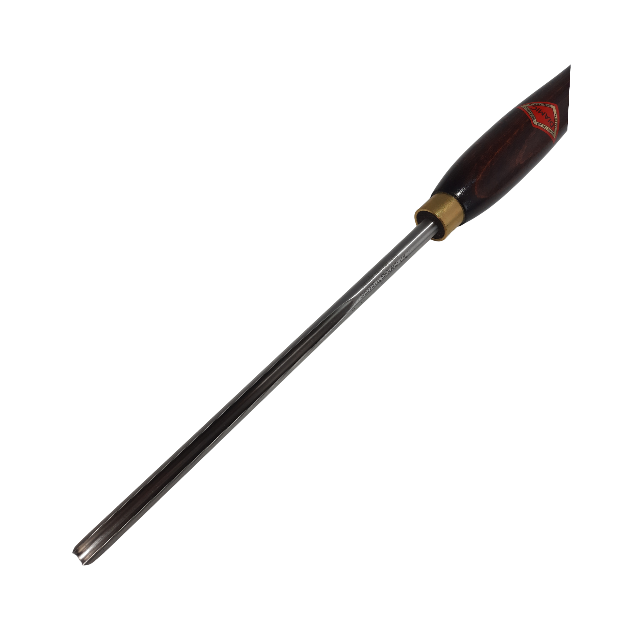 close up of woodturning 1/2" bowl gouge with high speed steel blade and wooden handle on a white background