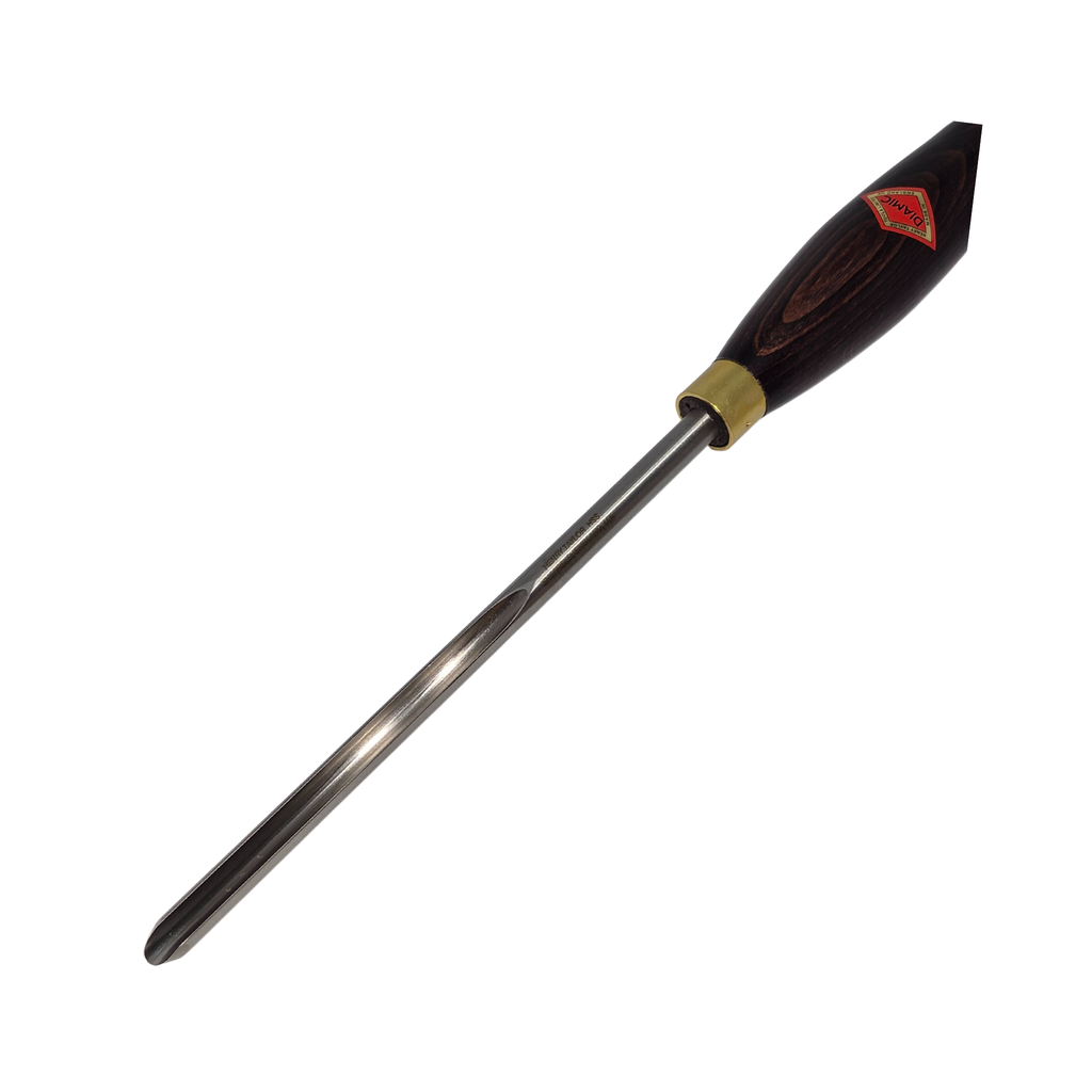 close up of woodturning 3/8" bowl gouge with fingernail grind high speed steel blade and wooden handle on a white background