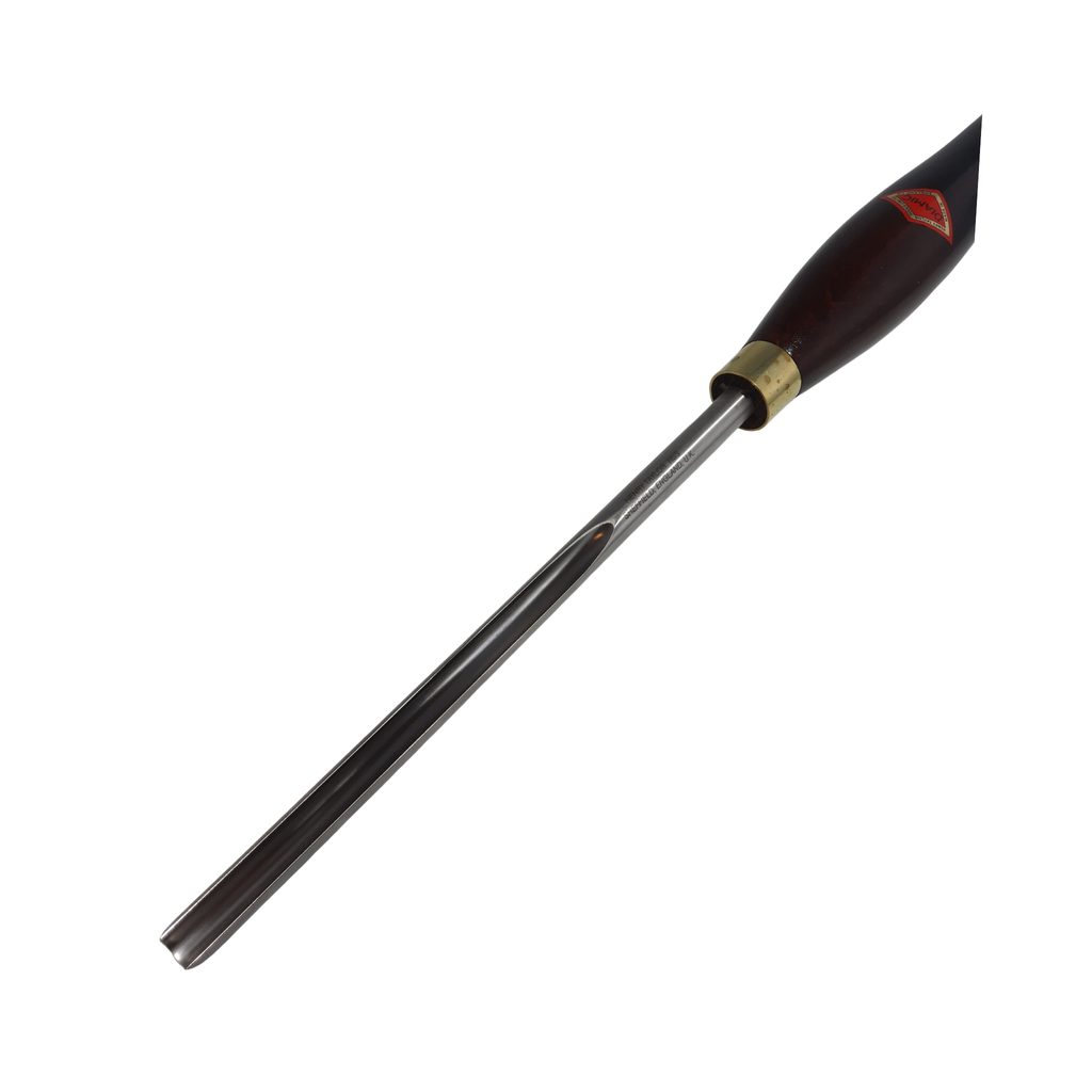 close up of woodturning 3/8" bowl gouge with high speed steel blade and wooden handle on a white background