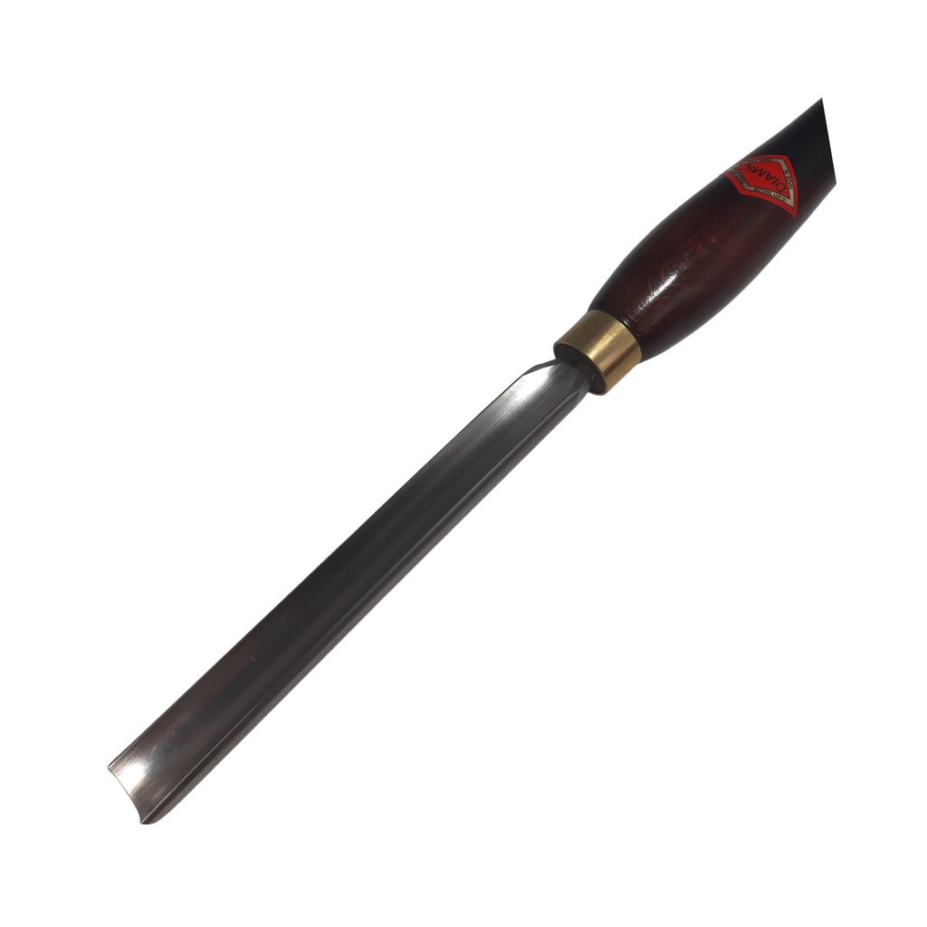 close up of woodturning 3/4" forged gouge with high speed steel blade and wooden handle on a white background