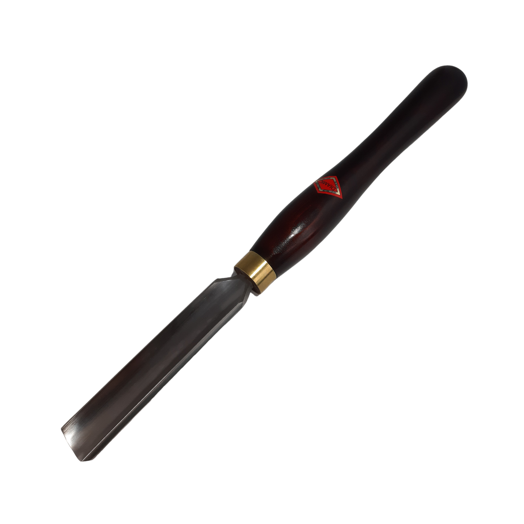 woodturning 1 1/4" forged gouge with high speed steel blade and wooden handle on a white background