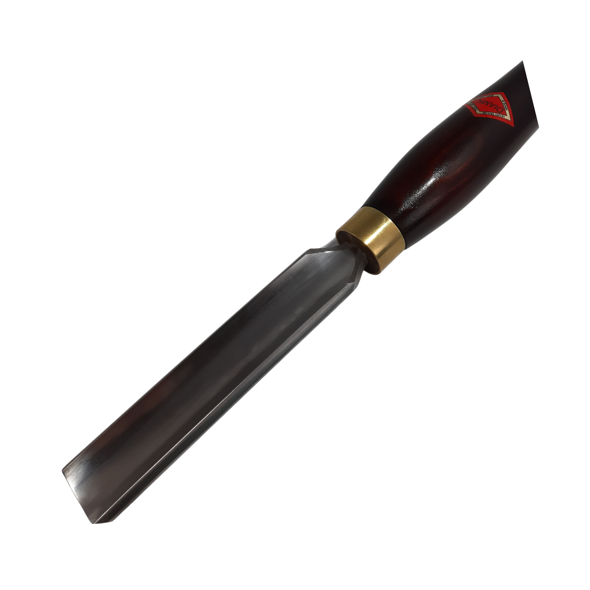 close up of woodturning 1 1/4" forged gouge with high speed steel blade and wooden handle on a white background